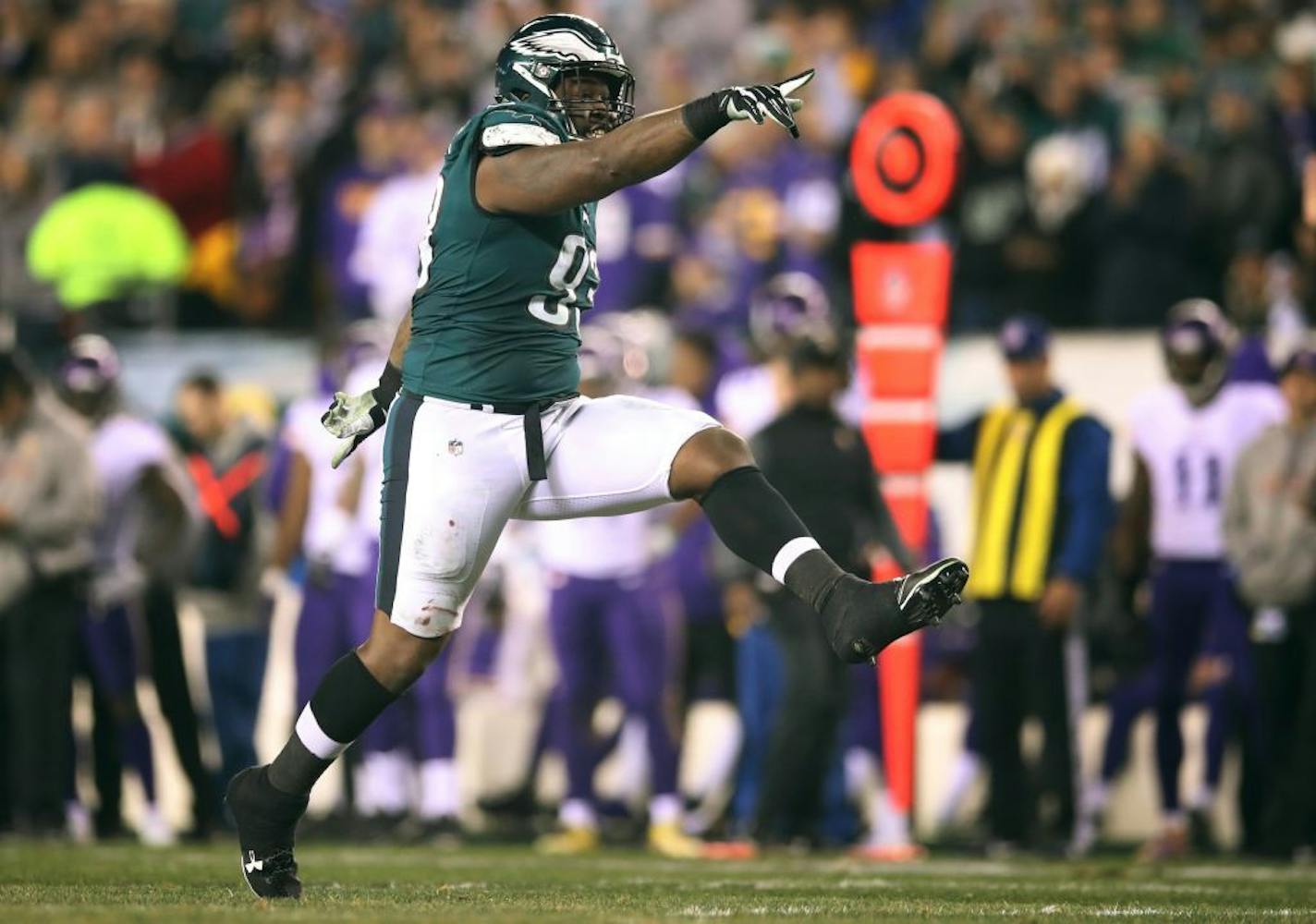 Philadelphia Eagles defensive tackle Timmy Jernigan (93) celebrated after stopping Minnesota Vikings running back Latavius Murray (25) for no gain during the NFC Championship Game in January.