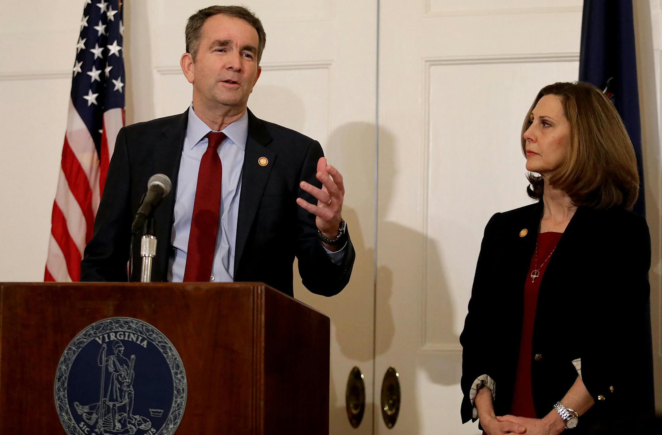 Virginia Gov. Ralph Northam, with his wife Pam at his side, said at a news conference in the Executive Mansion on Saturday, Feb. 2, 2019, that he is not the person in the racist photo in the EVMS yearbook and he will not resign. (Steve Earley/Virginian Pilot/TNS)
