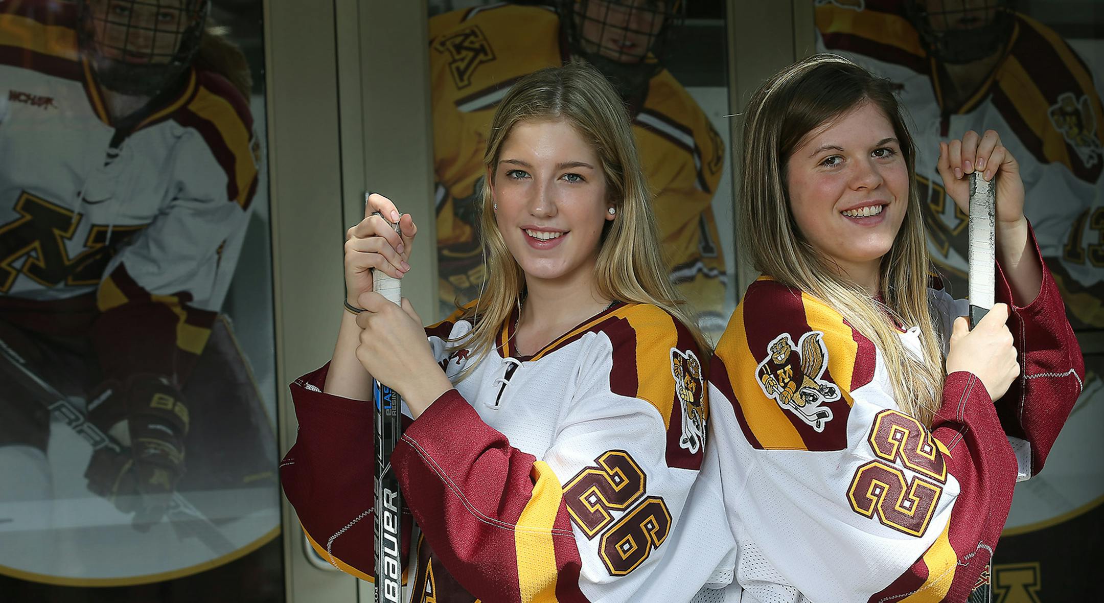 Minnesota's Sarah Potomak, a freshman player to come from Canada, left, and veteran All-American Hannah Brandt, Tuesday, September 22, 105 at Ridder Arena in Minneapolis, MN, ] (ELIZABETH FLORES/STAR TRIBUNE) ELIZABETH FLORES &#x2022; eflores@startribune.com