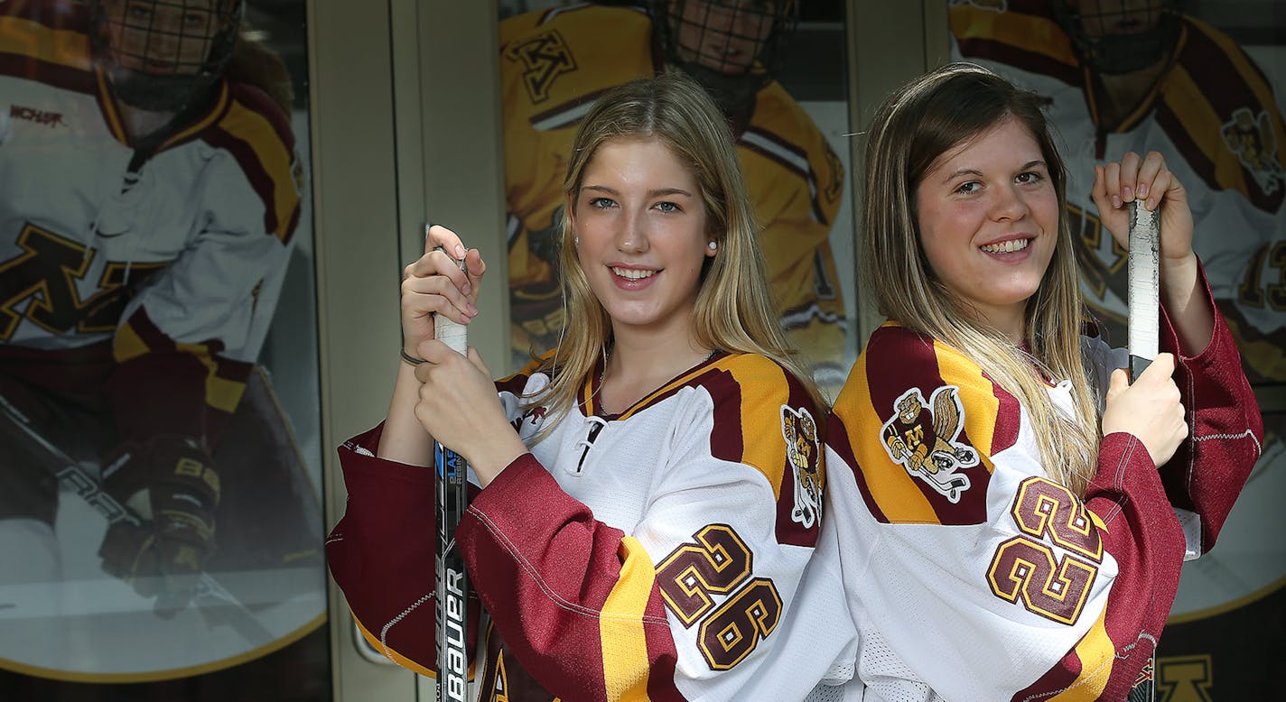 Minnesota's Sarah Potomak, a freshman player to come from Canada, left, and veteran All-American Hannah Brandt, Tuesday, September 22, 105 at Ridder Arena in Minneapolis, MN, ] (ELIZABETH FLORES/STAR TRIBUNE) ELIZABETH FLORES &#x2022; eflores@startribune.com