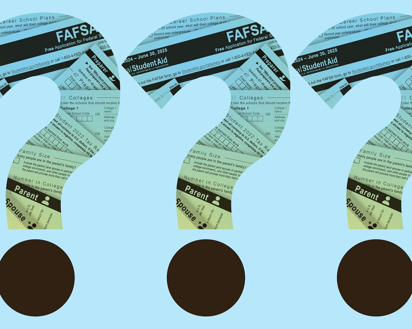 An illustration of question mark cutouts overlaying FAFSA forms.