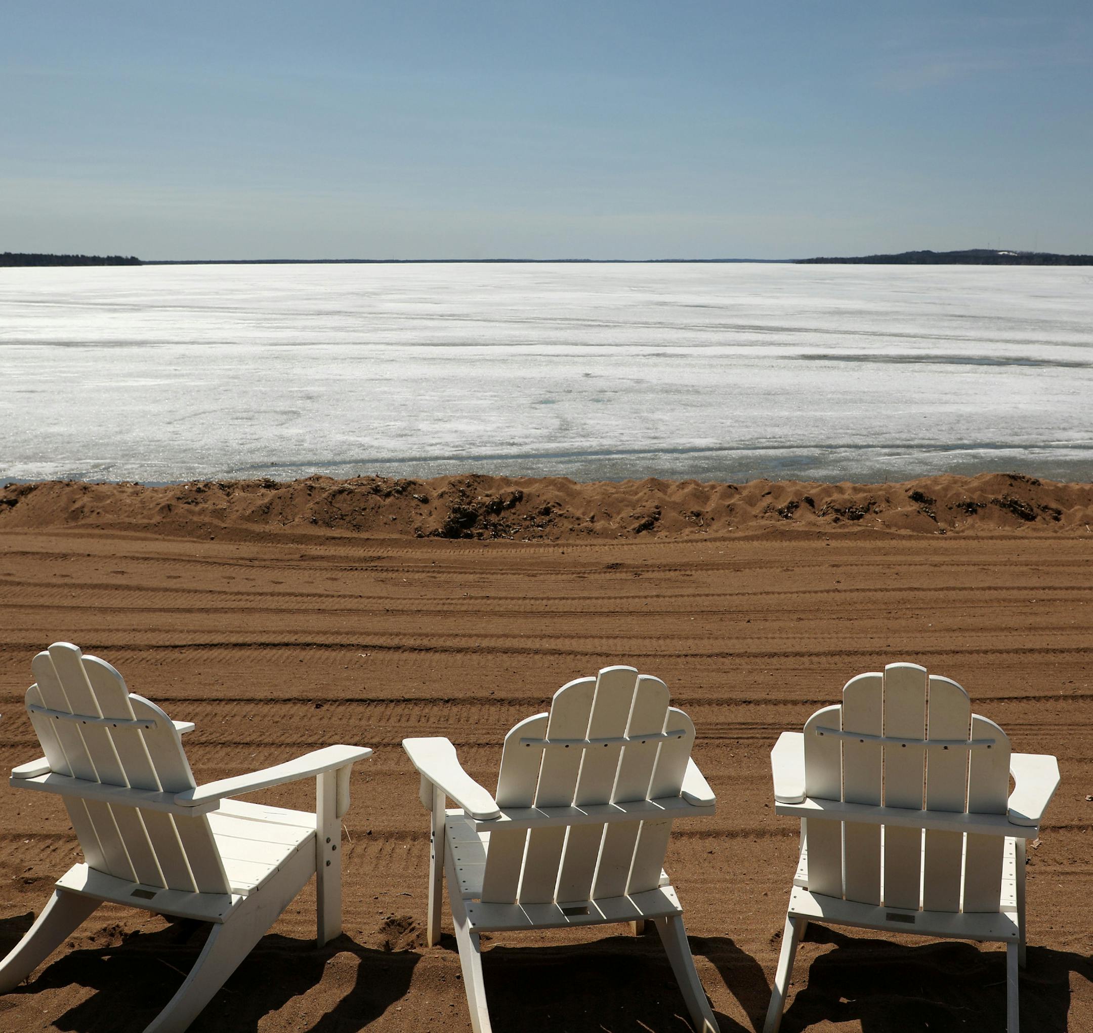 A set of beach chairs sat along the frozen shore of Gull Lake at Grand View Lodge. ] ANTHONY SOUFFLE ï anthony.souffle@startribune.com Thomas Juliano, CEO of hospitality at Cote Family Companies, and Grand View Lodge general manager Mark Ronnei, who has overseen the property for three decades, toured construction of the expansion sites at the resort Wednesday, April 25, 2018 in Nisswa, Minn. The $30 million expansion to Grand View Lodge and a pair of sister properties will include a childre