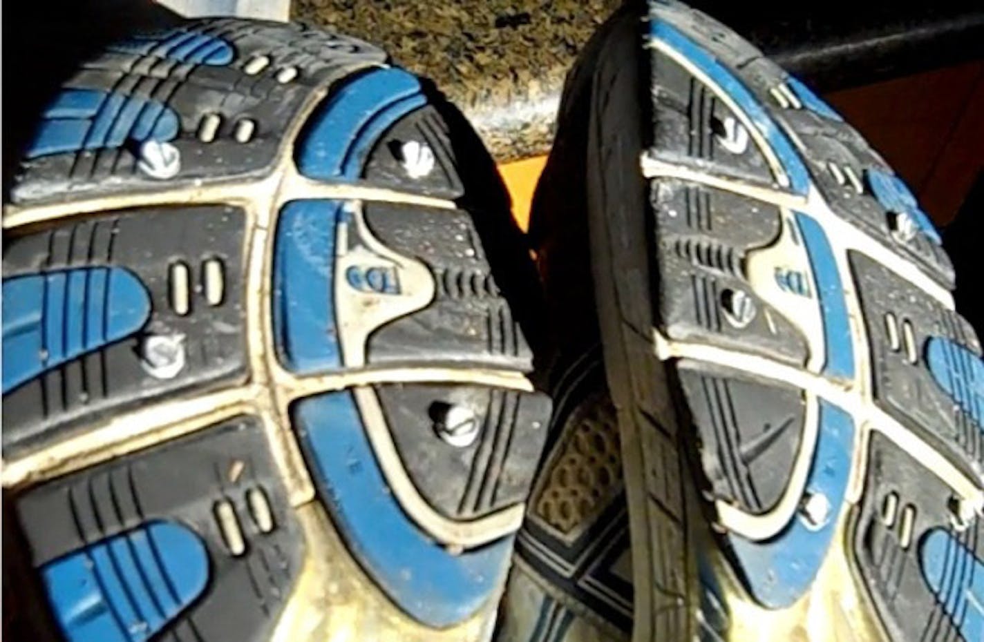 Bob Timmons, running shoes with drywall screws for winter running.