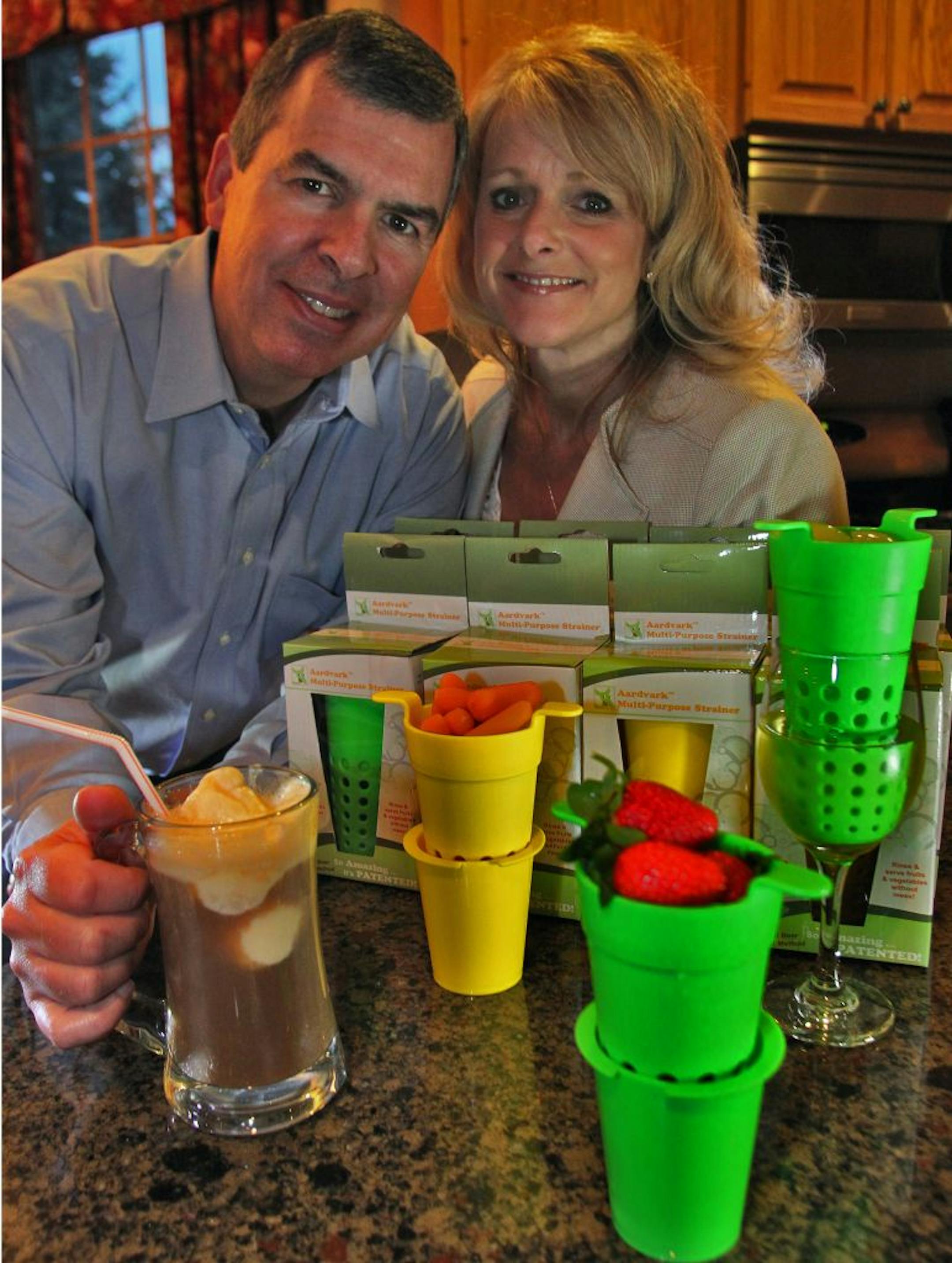 Dan McDonald is an intellectual property attorney from Shoreview who has patented the common place article - a kitchen strainer called the Aardvark Strainer. He and his wife Kim McDonald market the strainer as a way to mix ice cream floats, chill drinks without ice cubes and rinse fruits and vegetables. Dan and wife Kim McDonald with an assortment of Aardvark strainers.