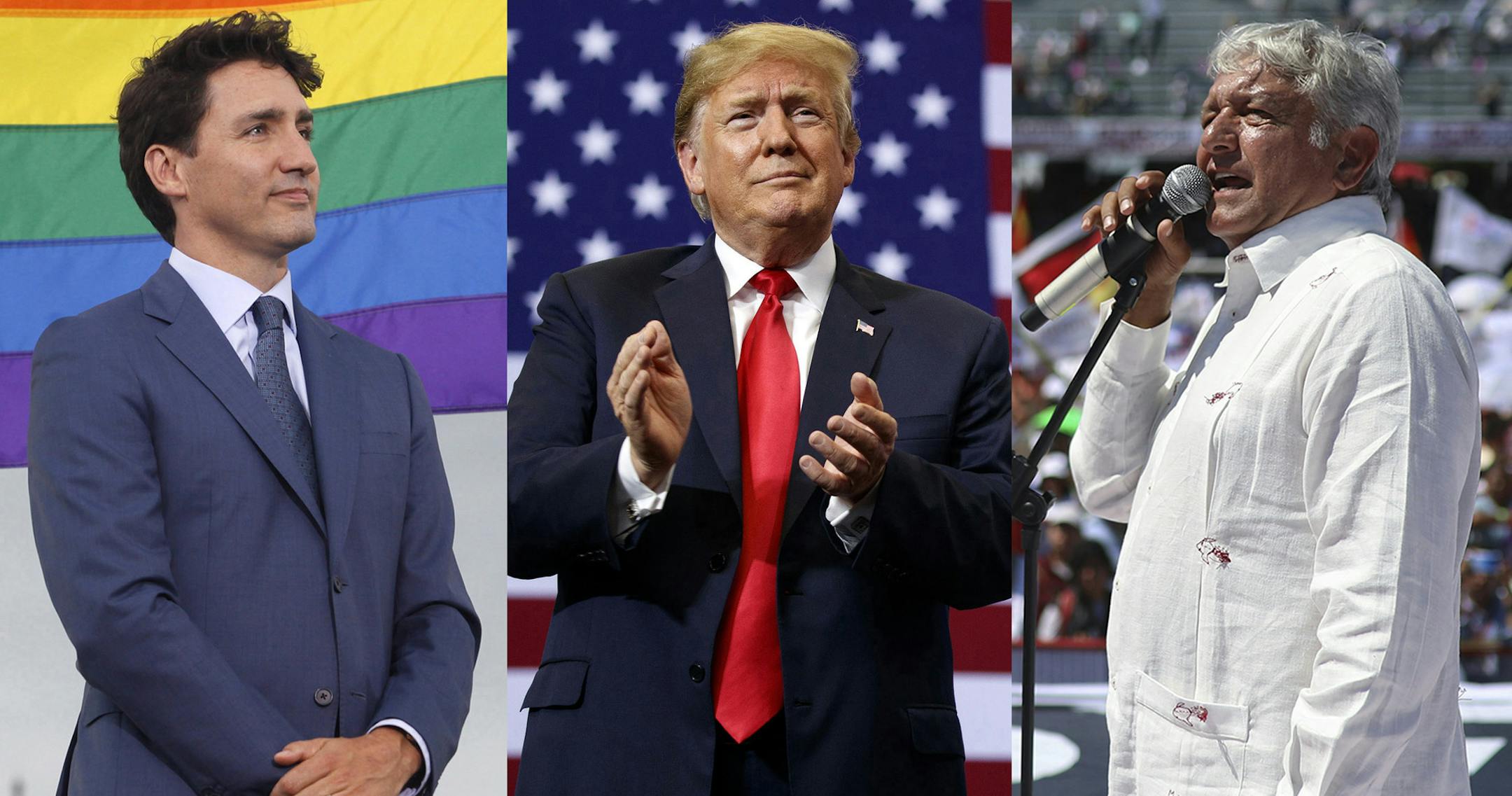 Patrick Doyle/The Canadian Press via AP/(AP Photo/Evan Vucci), (AP Photo/Felix Marquez)
Prime Minister Justin Trudeau attends a pride flag raising ceremony on Parliament Hill in Ottawa on Wednesday, June 20, 2018. (Patrick Doyle/The Canadian Press via AP), President Donald Trump claps as he arrives for a campaign rally, Wednesday, June 27, 2018, in Fargo, N.D. (AP Photo/Evan Vucci), Mexico's presidential candidate Andres Manuel Lopez Obrador of the MORENA party delivers his speech during a campa
