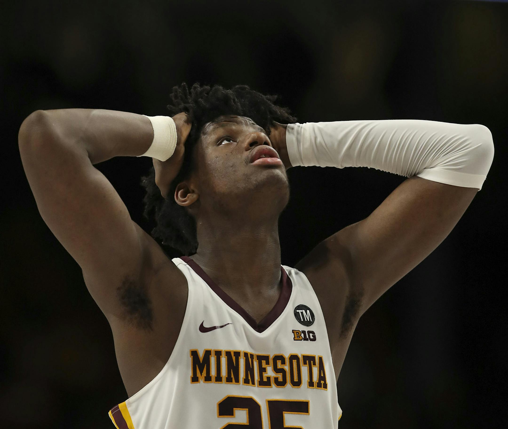 Minnesota's Daniel Oturu (25) reflects in the second half against Wisconsin on Wednesday, Feb. 6, 2019, at Williams Arena in Minneapolis. Wisconsin won, 56-51. (Jeff Wheeler/Minneapolis Star Tribune/TNS)
