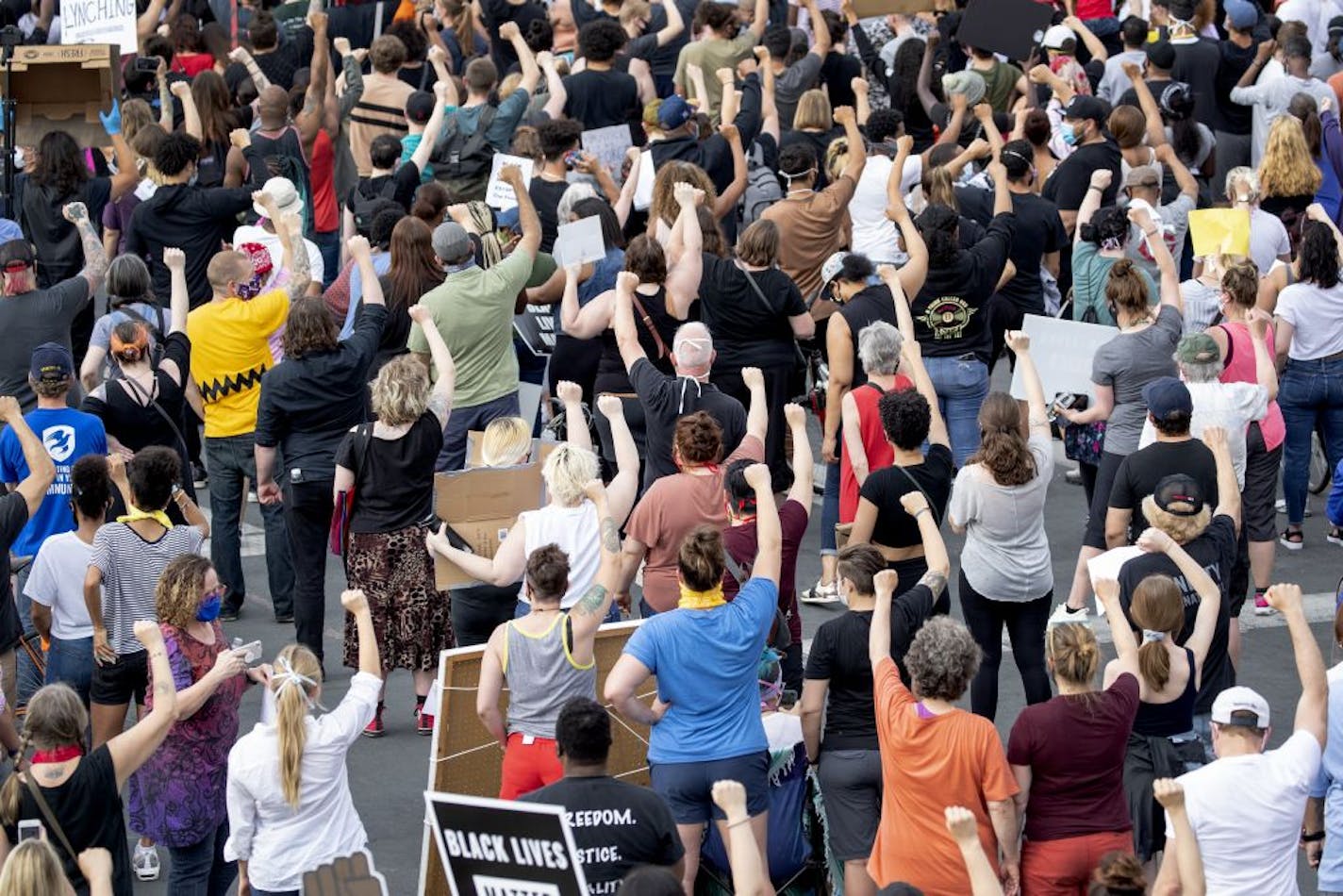 Protesters gathered at 38th Street and S. Chicago Aveanue in Minneapolis on Tuesday after the death of George Floyd.