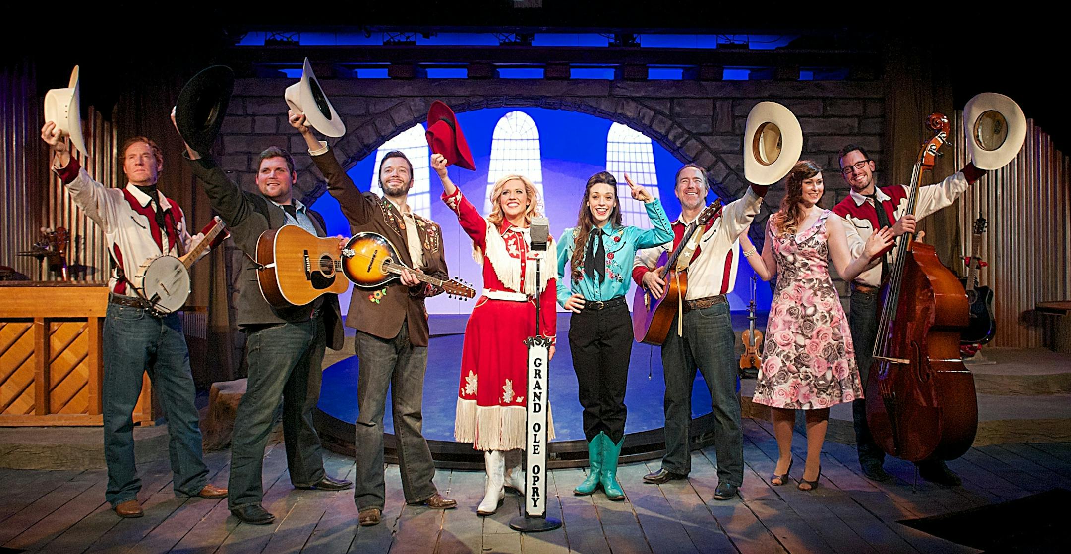 (left to right) Chad Willow, Chet Wollan, Steve Lasiter, Candice Lively, Amberly Rosen, Tim Drake, Brittany Parker and Jason Uhlmann perform in the upcoming performance of "Ring of Fire: The Life and Music of Johnny Cash" at Burnsville Performing Arts Center. (Photo by Paul Nixdorf)