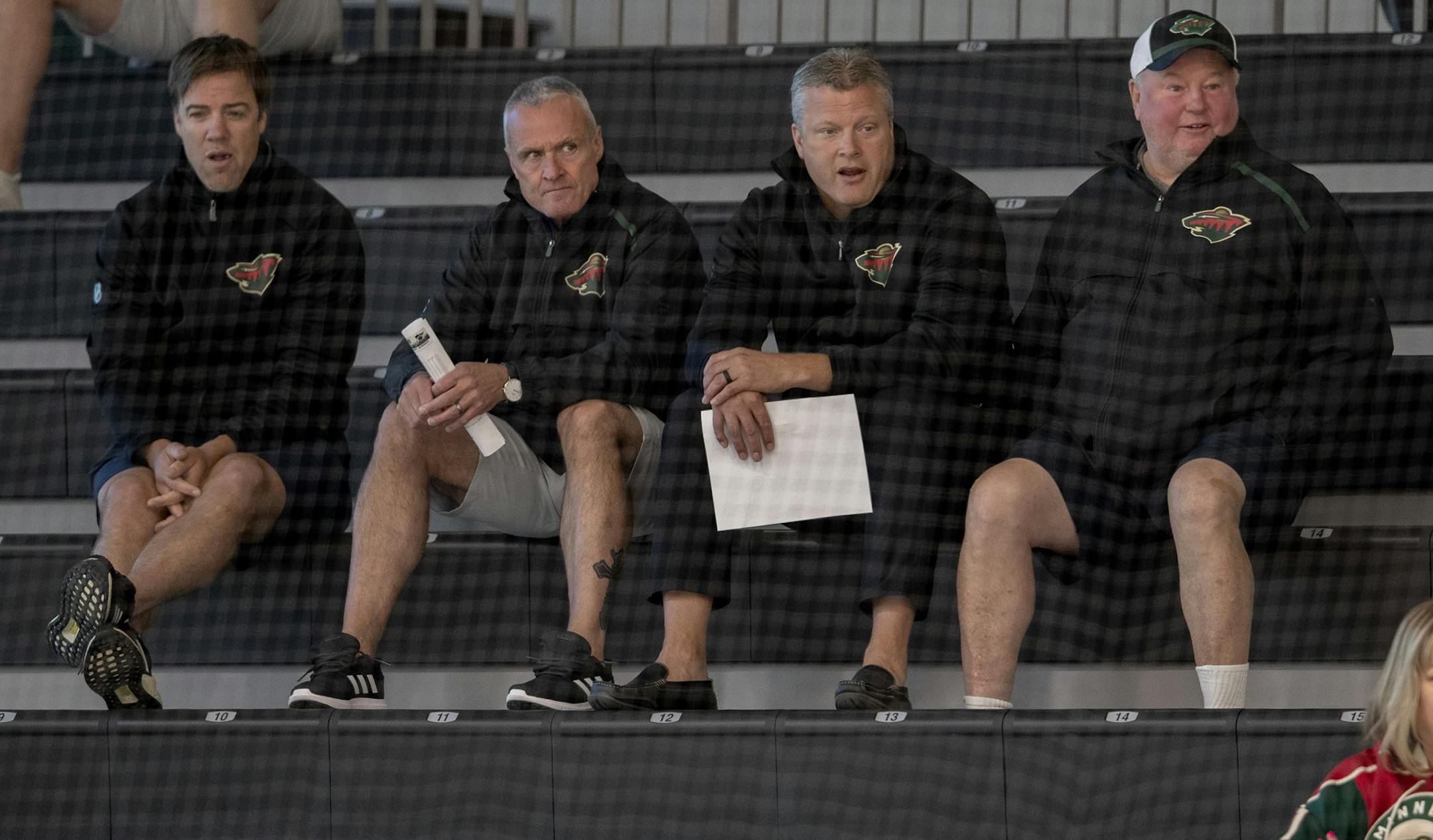 Minnesota Wild coaches Darby Hendrickson, Dean Evason, Bob Woods and Bruce Boudreau watched Development Camp. ] CARLOS GONZALEZ • cgonzalez@startribune.com – St. Paul, MN – June 25, 2019, TRIA Rink, NHL, Minnesota Wild Development Camp