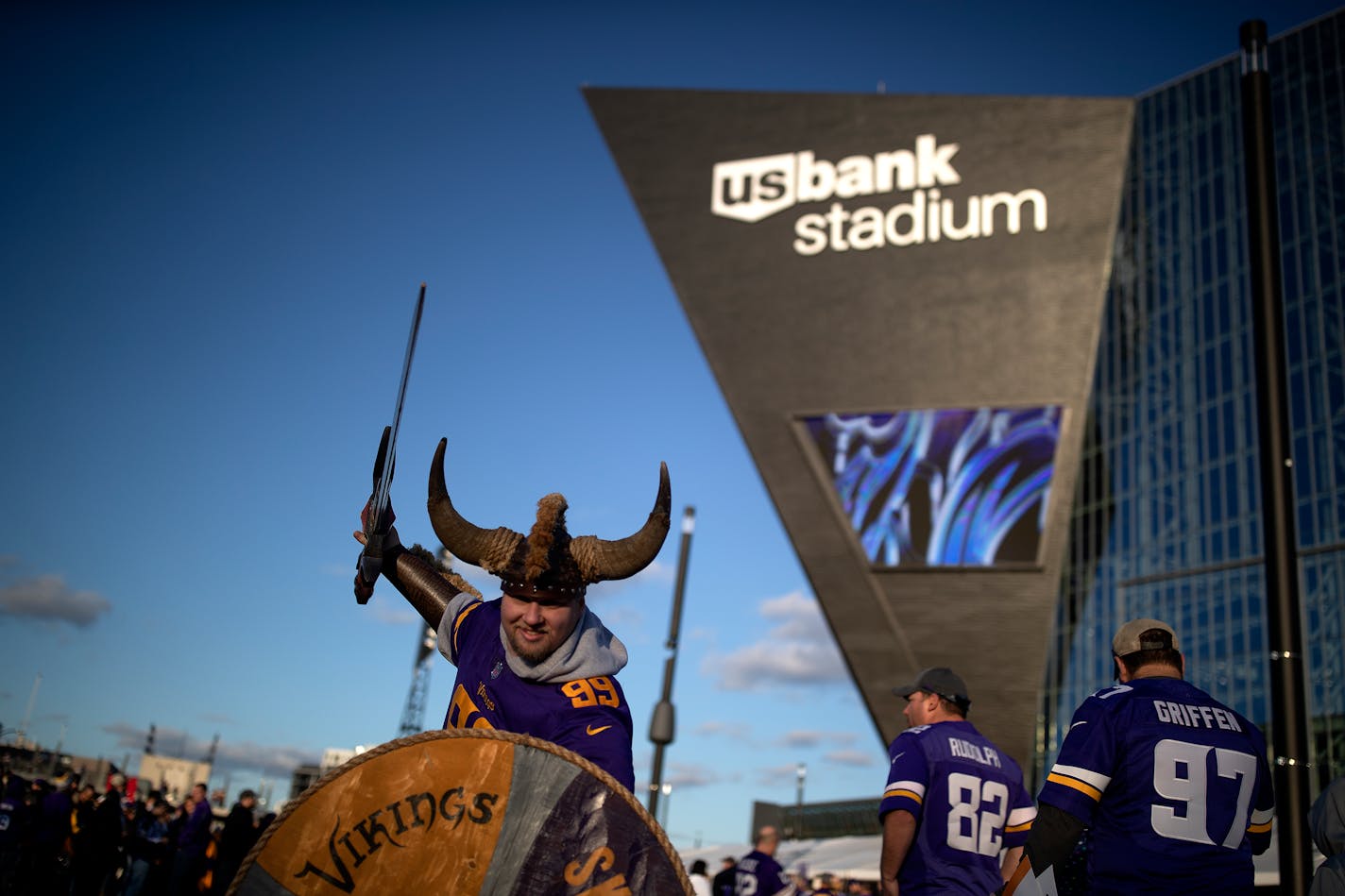 Vikings fan Zane Ziebell waved is sword on the plaza before kickoff against Washington at U.S. Bank Stadium. The 2020 schedule will be announced Thursday - but will games be played, and will there be fans?