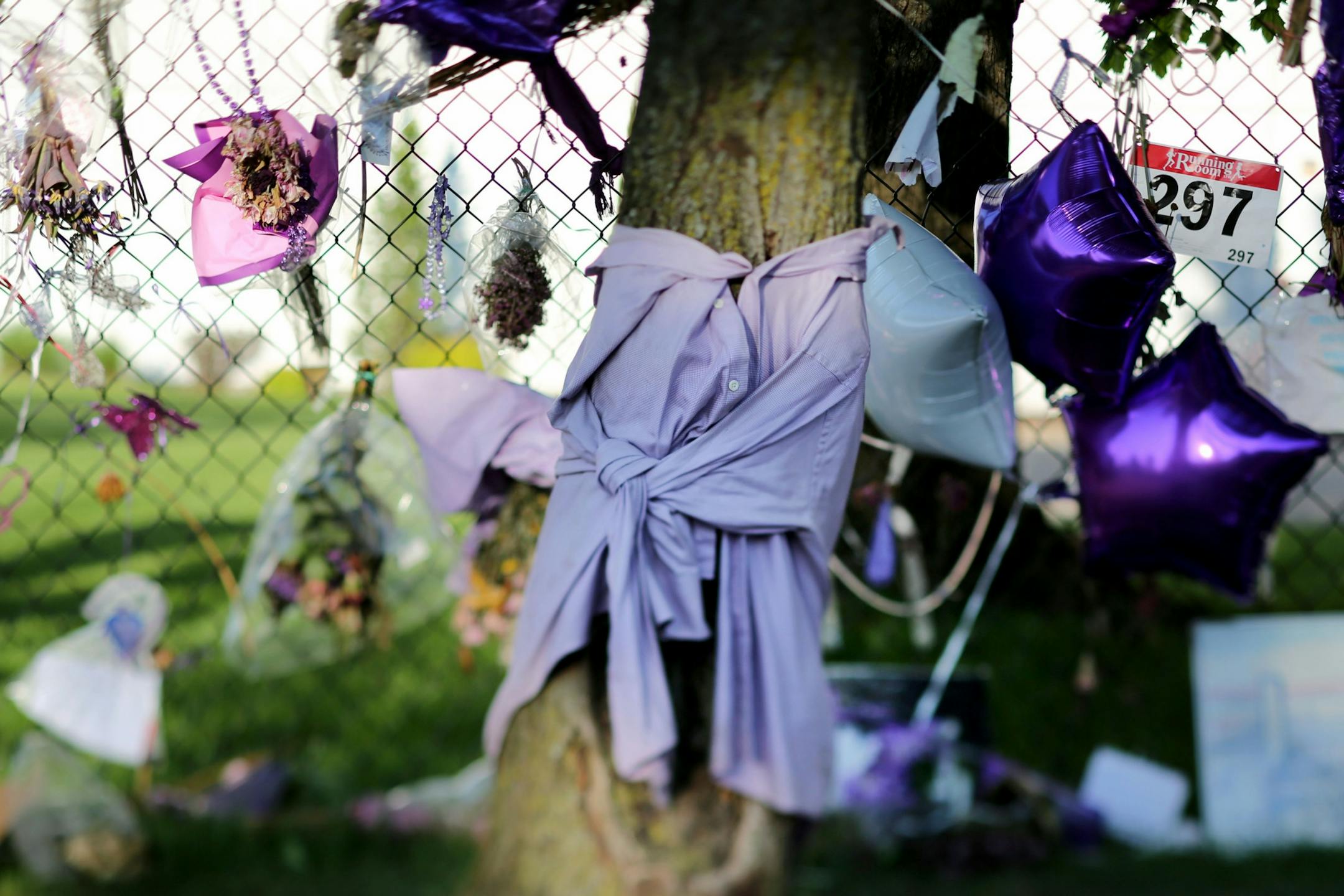 A purple shirt was tied to a tree and left behind as a memento by a Prince fan outside Paisley Park Sunday May 15, 2016, in Chanhassen, MN.