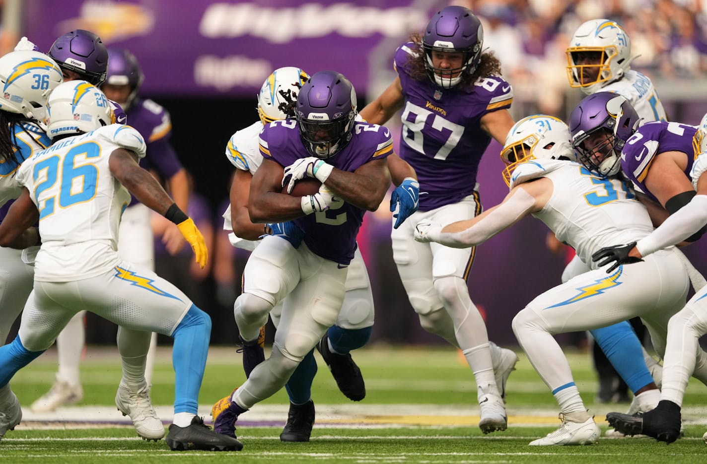 Minnesota Vikings running back Alexander Mattison (2) rushes the ball in the first quarter of an NFL game between the Minnesota Vikings and the Los Angeles Chargers Sunday, Sept. 24, 2023 at U.S. Bank Stadium in Minneapolis. ] ANTHONY SOUFFLE • anthony.souffle@startribune.com