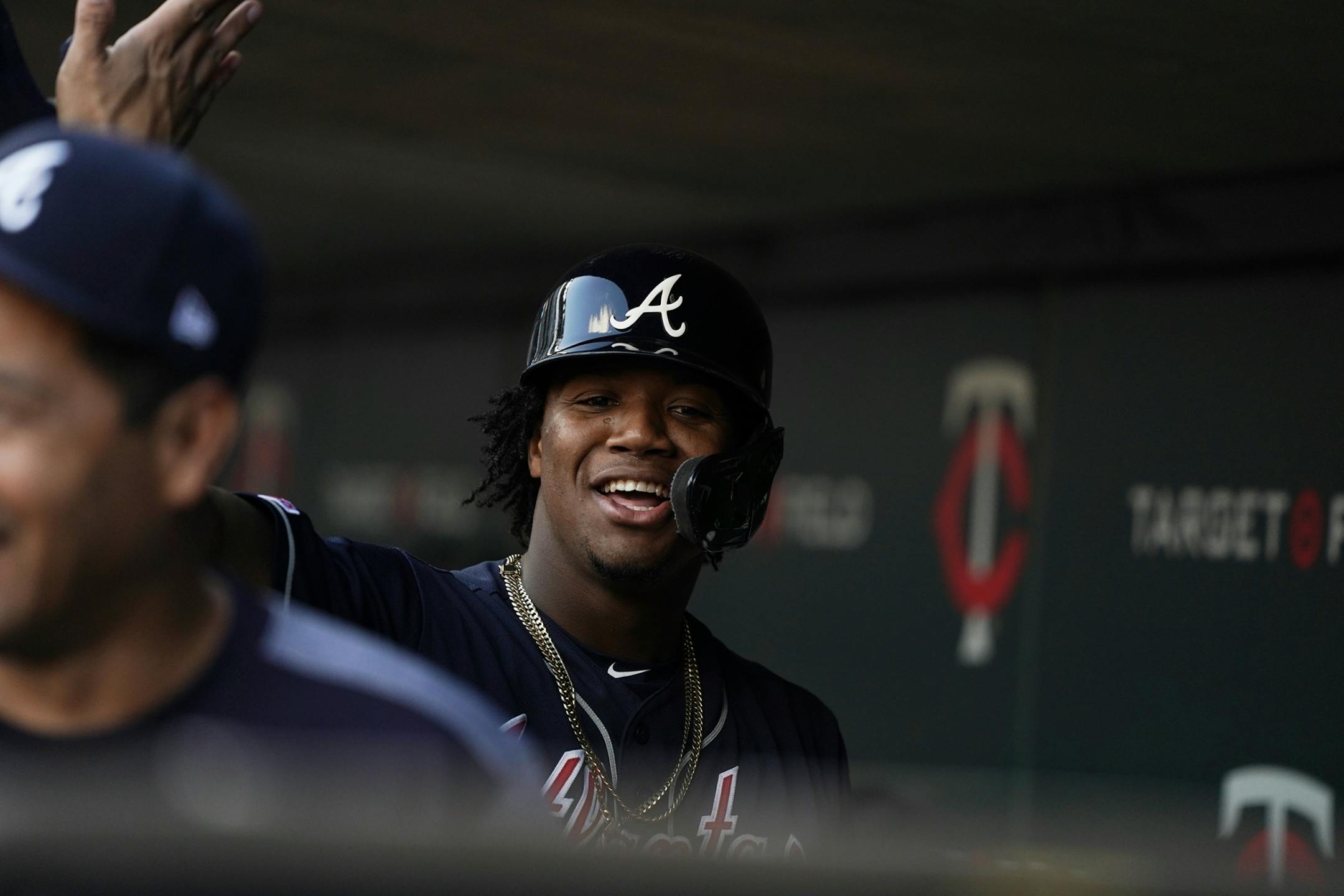 Atlanta Braves right fielder Ronald Acuna Jr. (13) celebrated hitting a home run on the first pitch of the first inning.