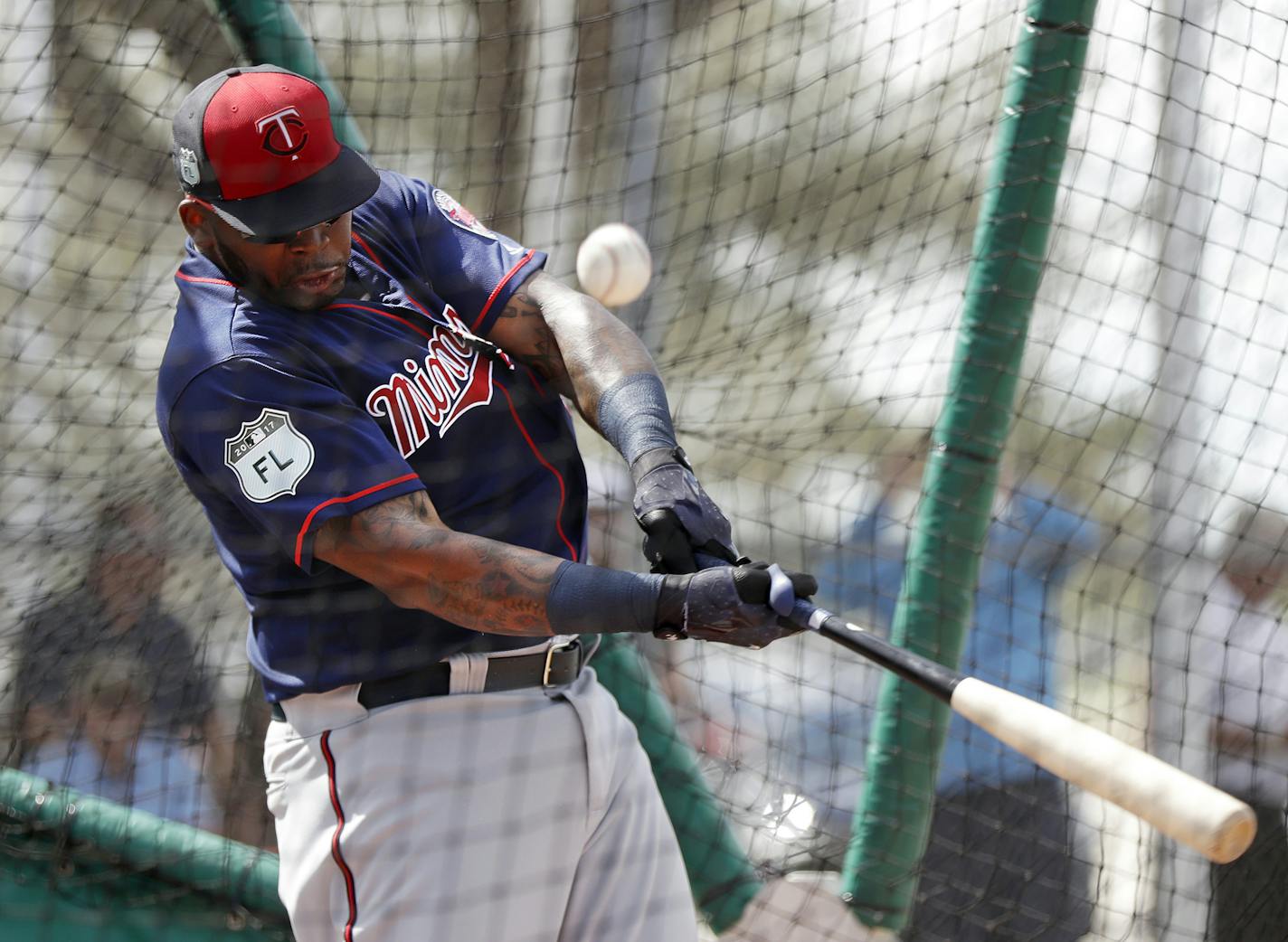 Minnesota Twins' Kennys Vargas takes bating practice during a spring training baseball workout in Fort Myers, Fla., Thursday, Feb. 23, 2017.