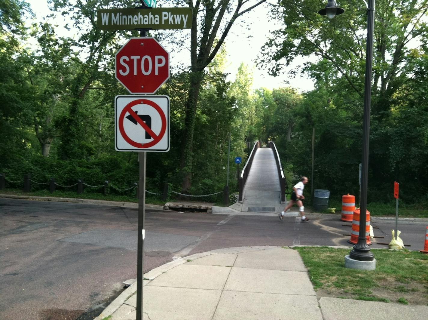 A Minneapolis park police officer was stabbed near this pedestrian bridge over Minnehaha Creek in south Minneapolis Tuesday night when she confronted a robbery suspect.