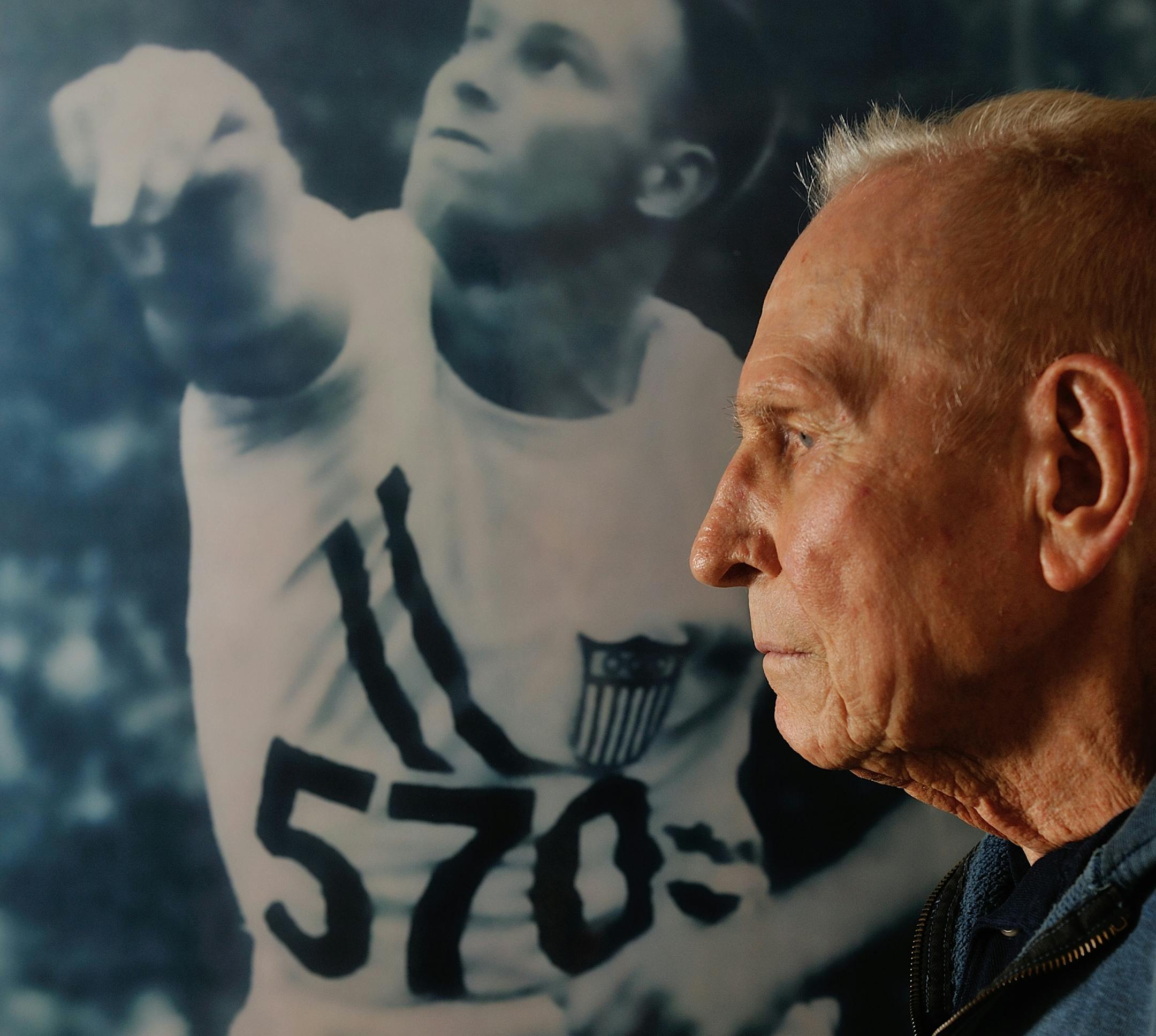 credit Los Angeles News Group. LONG BEACH, CALIF. USA -- Gold medalist Wilbur (Moose) Thompson, 92, in his Long Beach, Calif. home on July 24, 2012. Thompson won a gold medal in the shot put in the 1948 Summer Olympics in London.. .Photo by Jeff Gritchen / Staff Photographer