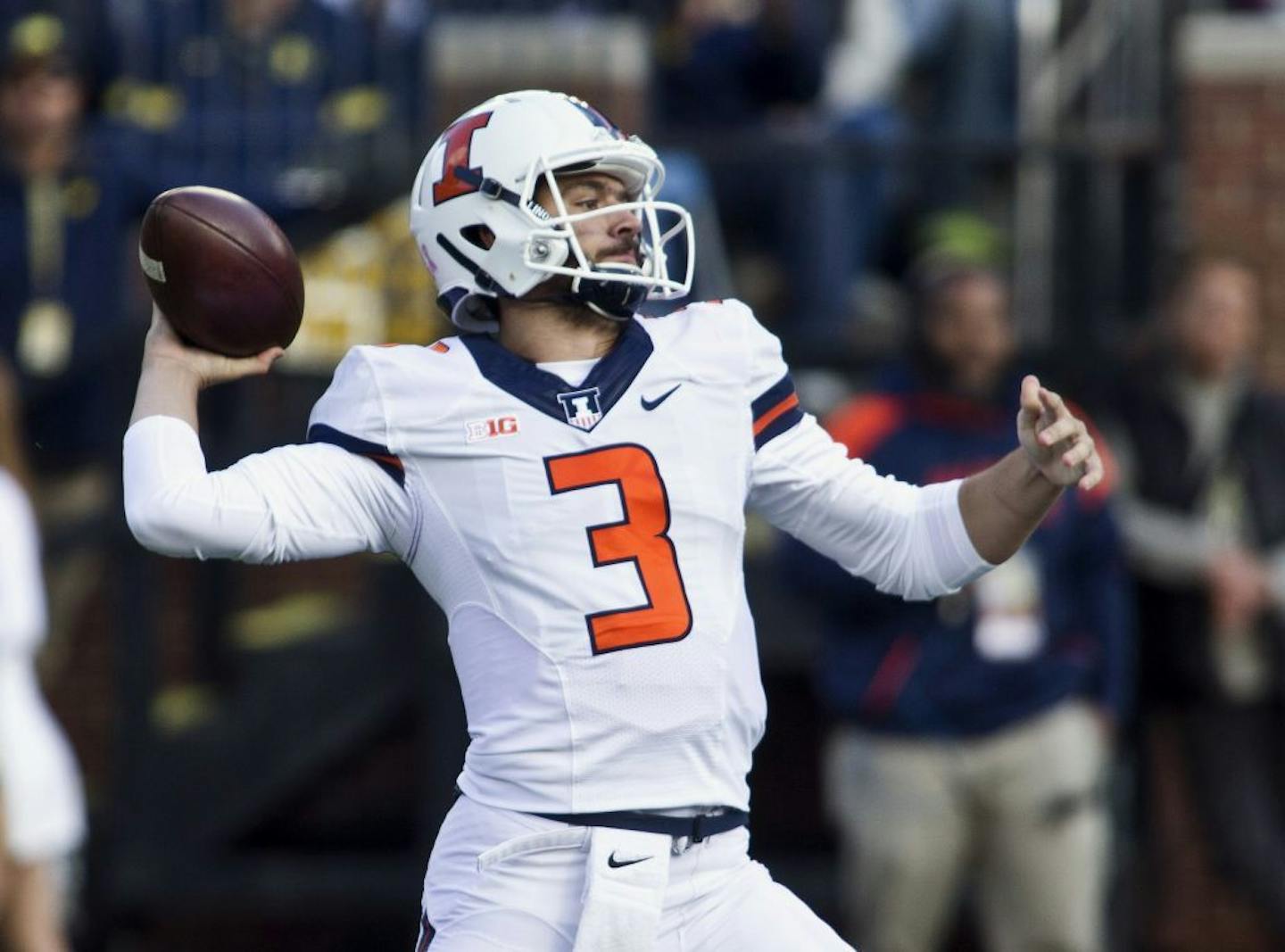 FILE - In this Saturday, Oct. 22, 2016, file photo, Illinois quarterback Jeff George Jr. (3) throws a pass in the first quarter of an NCAA college football game against Michigan at Michigan Stadium in Ann Arbor, Mich. For the second time in three season Illinois (2-5, 1-3 Big Ten) has lined up Minnesota as its homecoming opposition. Last time the Illini upset a Golden Gophers team that competing for a Big Ten West title, winning 28-24 on a late fumble returned for a touchdown.