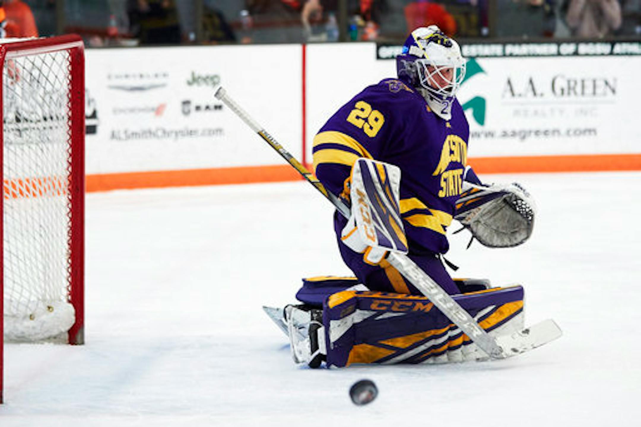 Minnesota State goaltender Dryden McKay (29) makes the save against the Bowling Green during an NCAA college hockey game, Saturday, Dec. 15, 2018, in Bowling Green, Ohio.