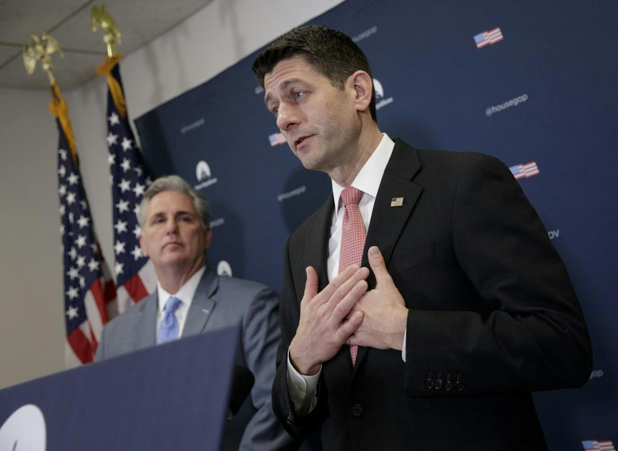 Speaker of the House Paul Ryan, R-Wis., joined by Majority Leader Kevin McCarthy of Calif., talks about getting past last week's failure to pass a health care overhaul bill and rebuilding unity in the Republican Conference, Tuesday, March 28, 2017, on Capitol Hill in Washington.