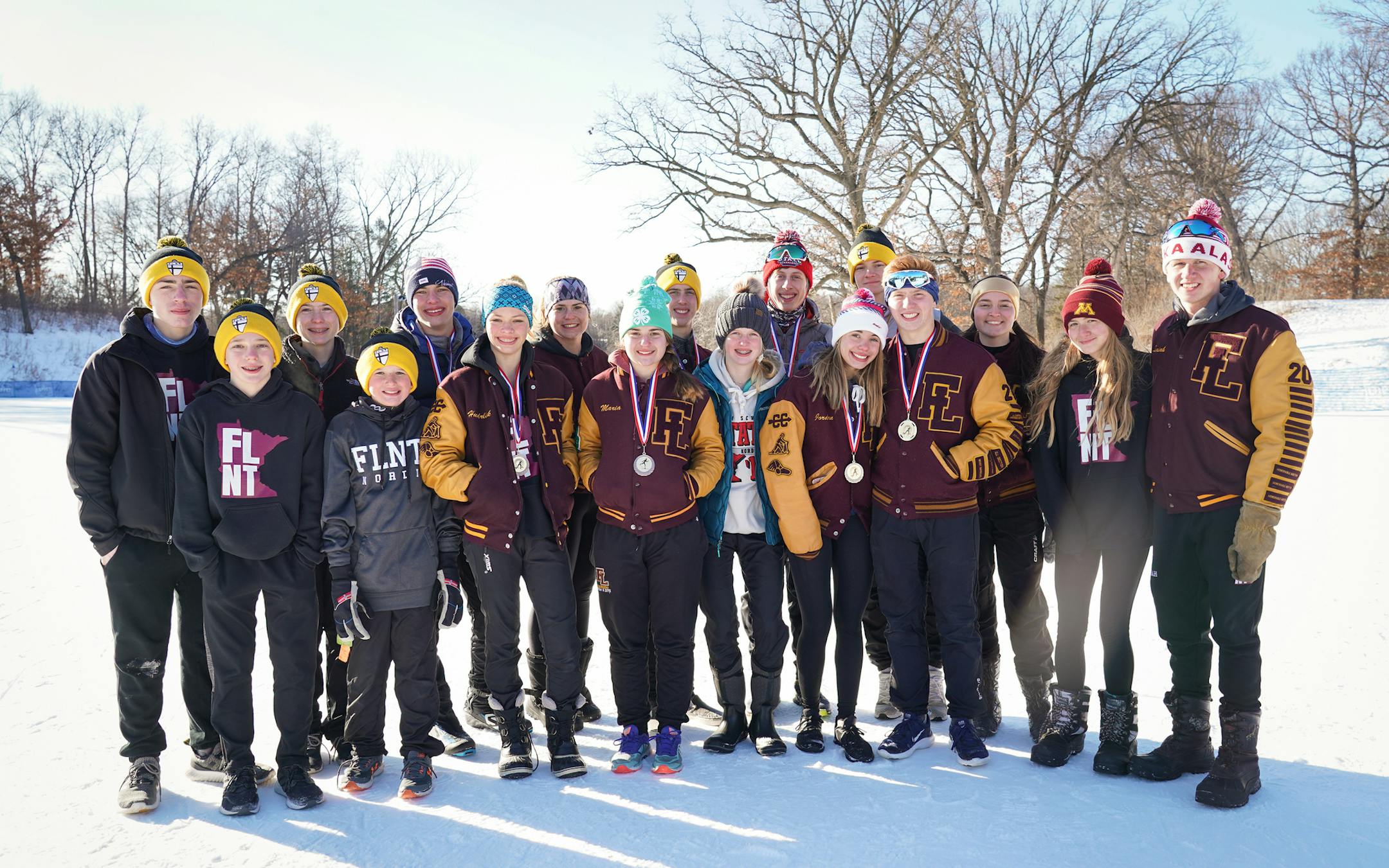 The Forest Lake boys' and girls' Nordic skiing teams have eight groups of siblings on their rosters. From left, Anthony and Jonathan Rink, Sam and Tyler Moberg, Jonathan and Evelyn Hudrlik, Jenna and Maria Stockinger, Ethan, Chloe and Noah Erickson, Jordan and Nick Parent, Damien and Morgan Langer, and Clara and Isaiah Zak. Photo: Shari L. Gross • shari.gross@startribune.com