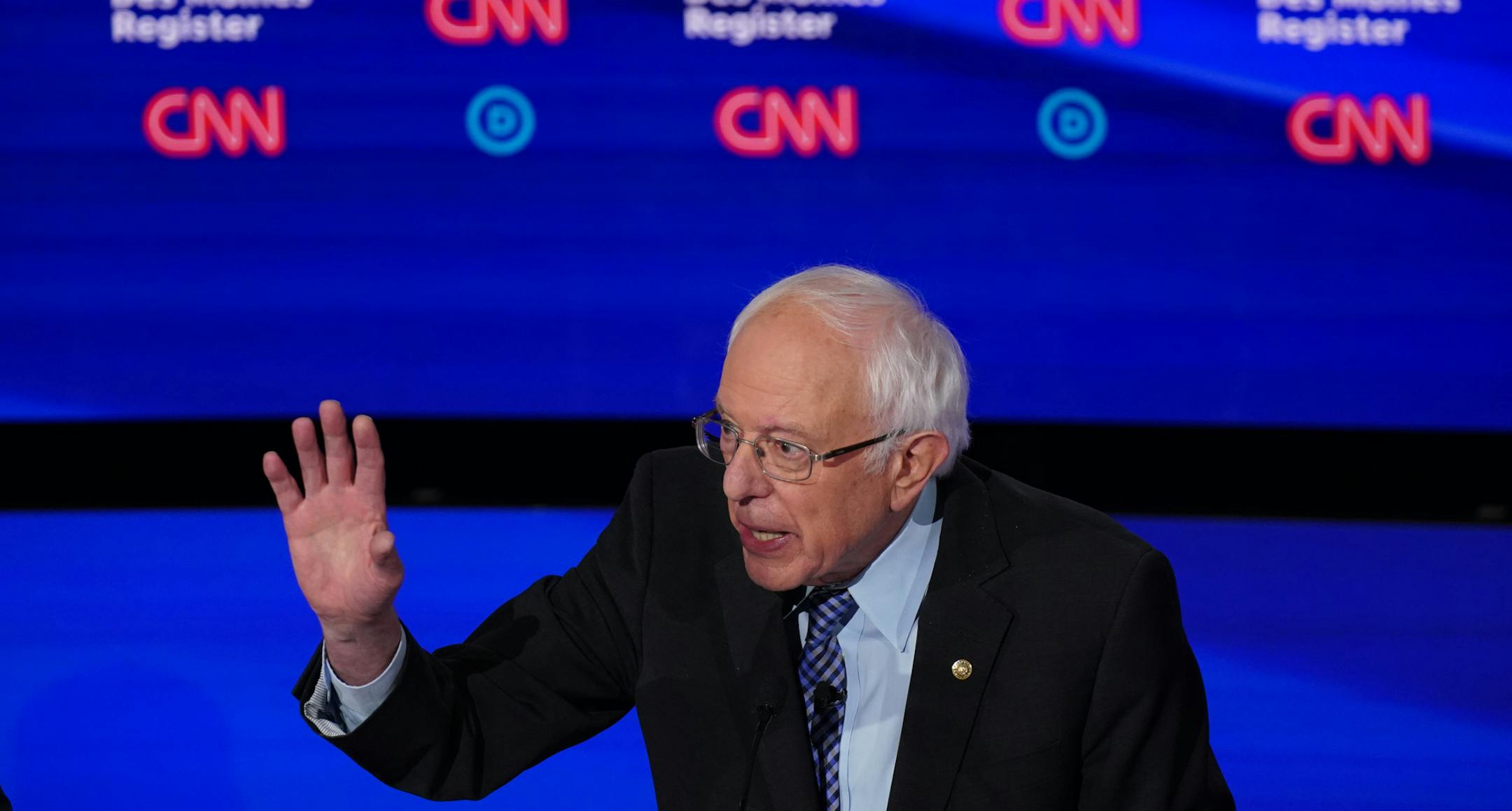 Sen. Bernie Sanders (I-Vt.) speaks during the Democratic presidential debate co-hosted by The Des Moines Register and CNN at Drake University in Des Moines, Iowa, Jan. 14, 2020. (Tamir Kalifa/The New York Times)