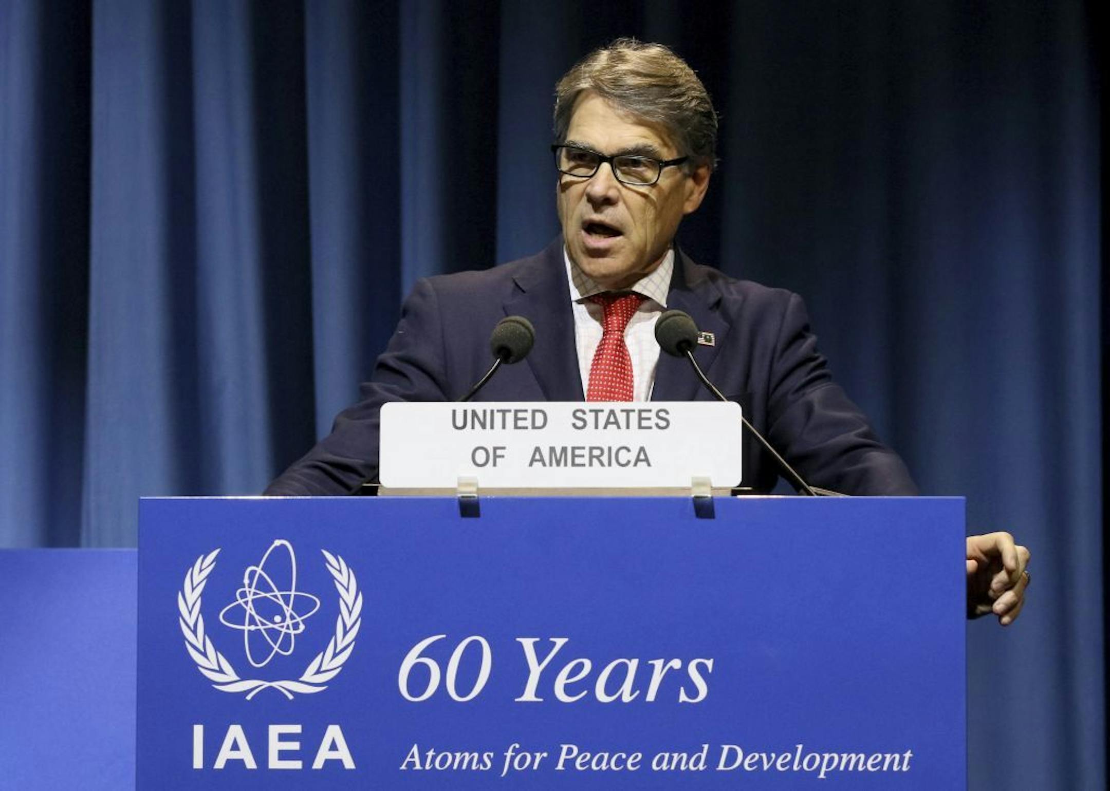 U.S. Energy Secretary Rick Perry delivers a speech during the general conference of the International Atomic Energy Agency, IAEA, in Vienna, Austria, Monday, Sept. 18, 2017.