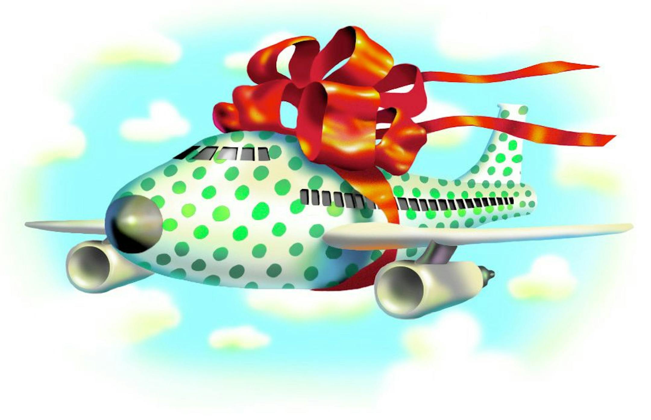 200 dpi 29p x 19p Earl F. Lam III color illustration of gift wrapped airplane tied up with big red bow. Miami Herald 1999