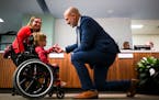 St. Paul Public Schools Superintendent Joe Gothard shook the hand of 4-year-old Benjamin Ramstad after speaking to Benjamin and his mother, Jessica, b