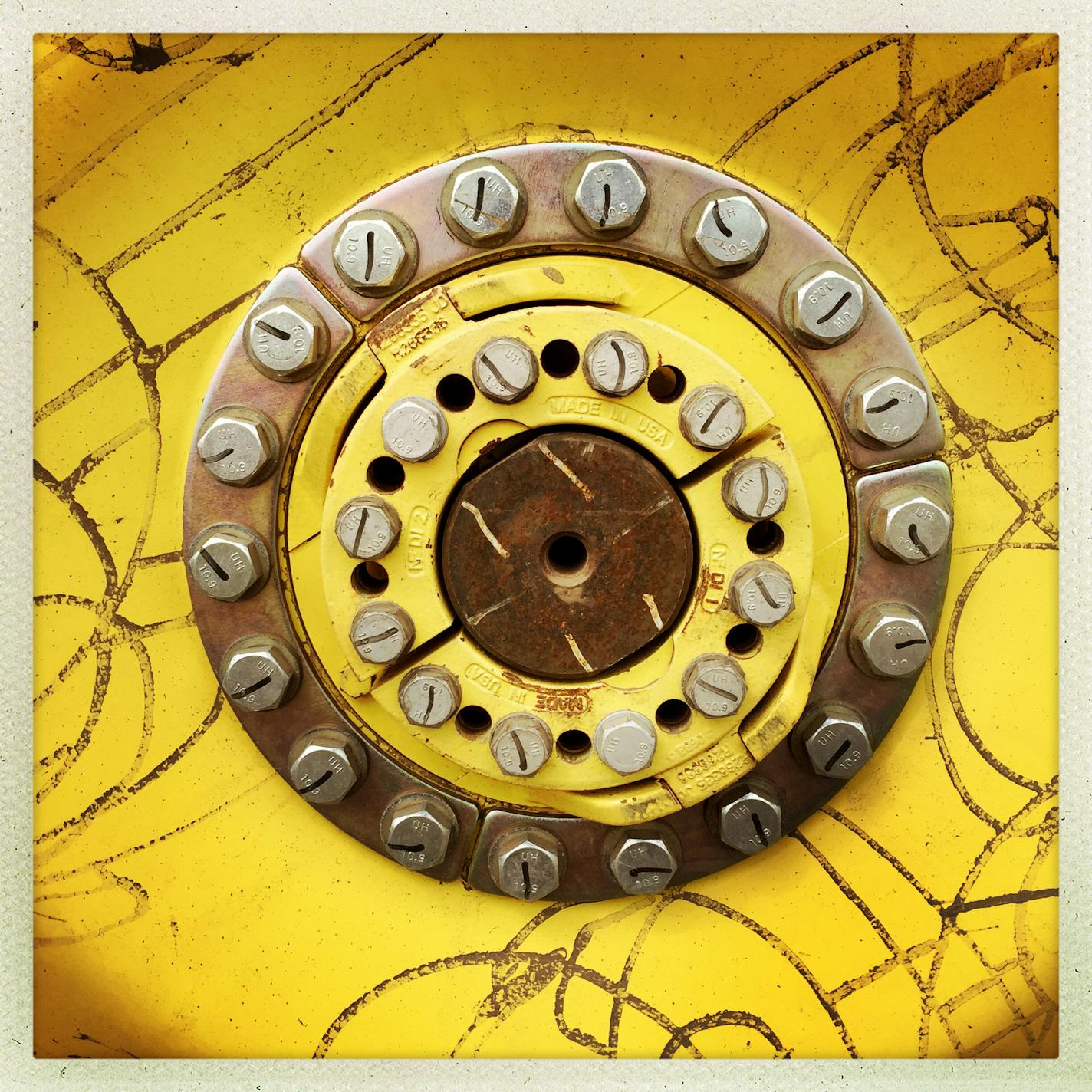 The wheel of a tractor at Far Gaze Farms in Northfield, Minn.