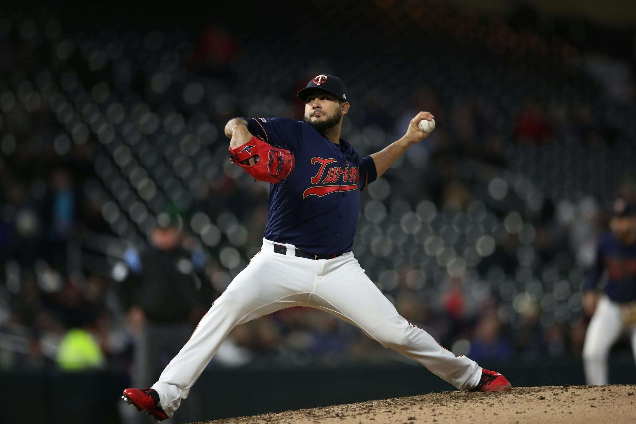 Minnesota Twins starting pitcher Martin Perez (33) threw a pitch in the eight inning at Target Field Wednesday May1, 2019 in Minneapolis, MN.