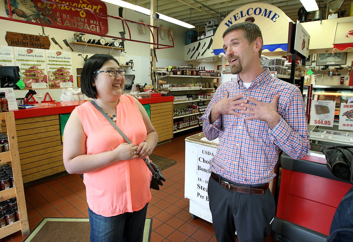 After receiving proton beam therapy at Mayo Clinic, patient Ashley Sullivan greeted and thanked Evan Timm of "Ye Old Butcher" shop, Monday, June 22, 2015 in Rochester, MN. Ye Old Butcher donated meat that was used to research the device that was used to treat Sullivan's brain tumor. ] (ELIZABETH FLORES/STAR TRIBUNE) ELIZABETH FLORES &#x2022; eflores@startribune.com