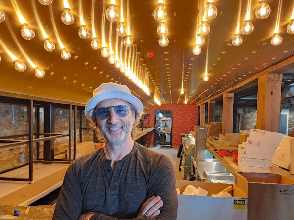 David Fhima in the basement bar of his still-under-construction Maison Margaux, opening in the former Ribnick Furs building in May 2023