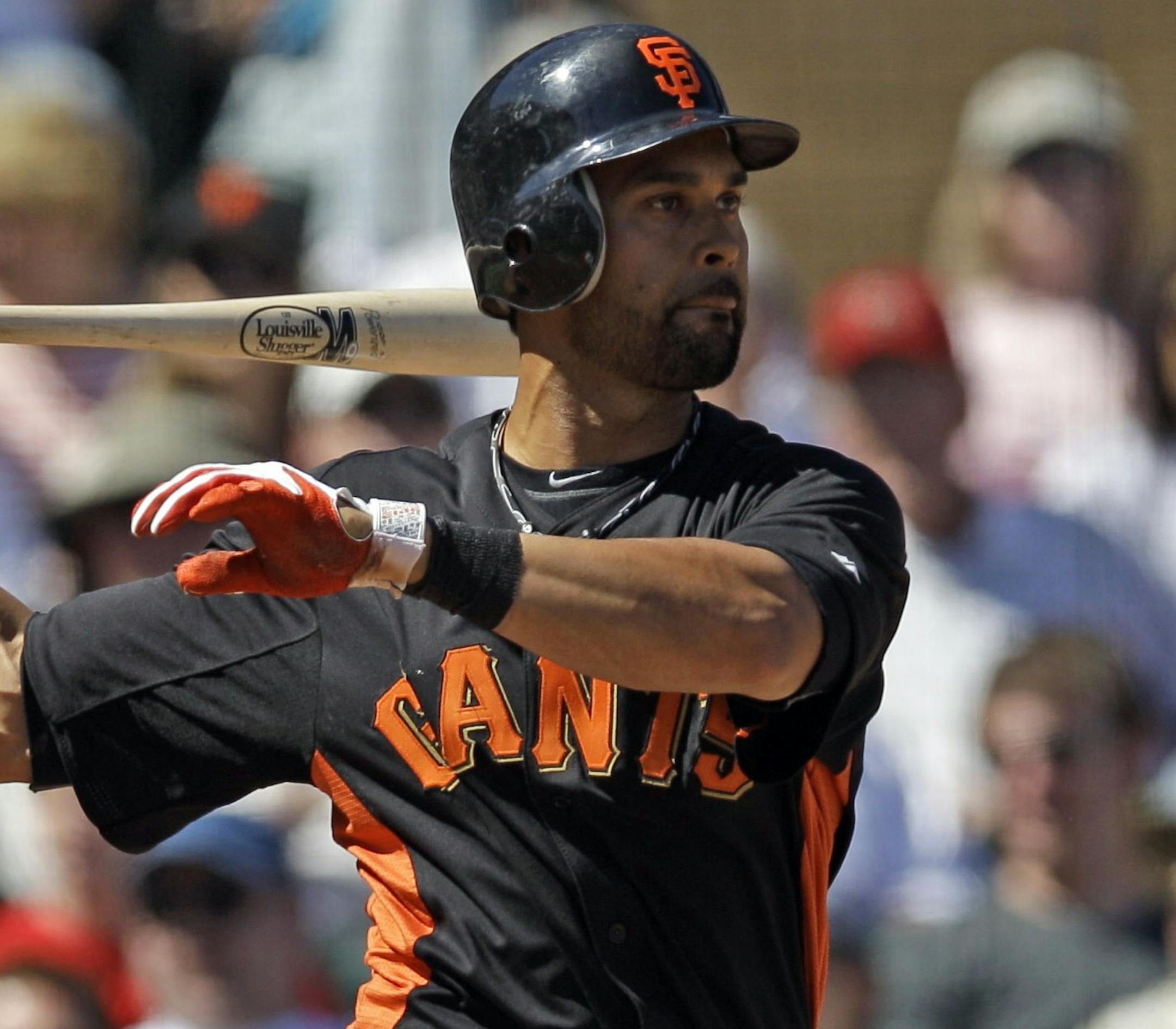 San Francisco Giants' Angel Pagan in action against the Arizona Diamondbacks during a spring training baseball game Tuesday, March 20, 2012 in Scottsdale, Ariz. (AP Photo/Marcio Jose Sanchez) ORG XMIT: AZMS10