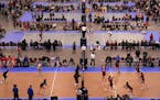 Volleyball teams from across the country compete on multiple courts simultaneously during the Northern Lights Qualifier, a tournament for teams trying