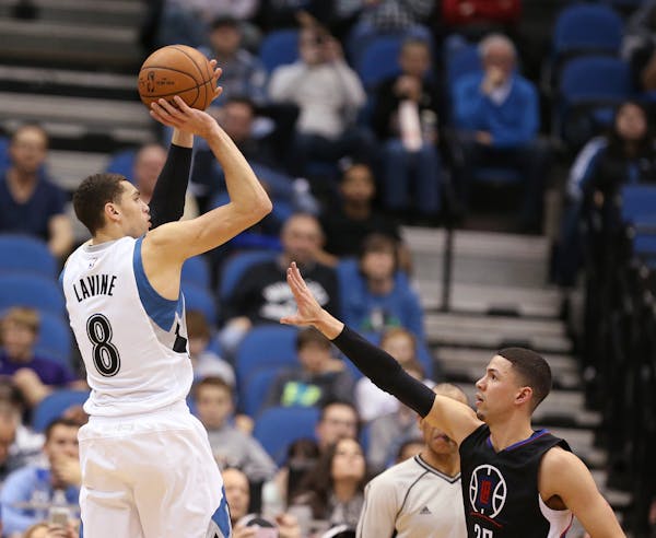 Minnesota Timberwolves guard Zach LaVine (8) shoots against Los Angeles Clippers guard Austin Rivers (25) during the second half. ] (Leila Navidi/Star