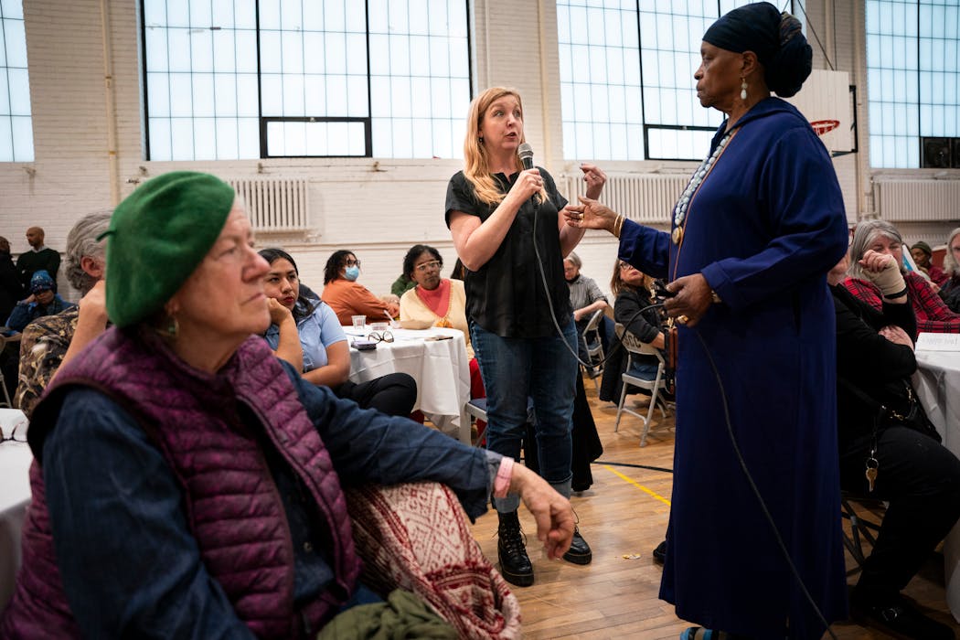 Bridget Charon speaks during a community meeting to discuss the future of George Floyd Square at Sabathani Community Center on Thursday in Minneapolis