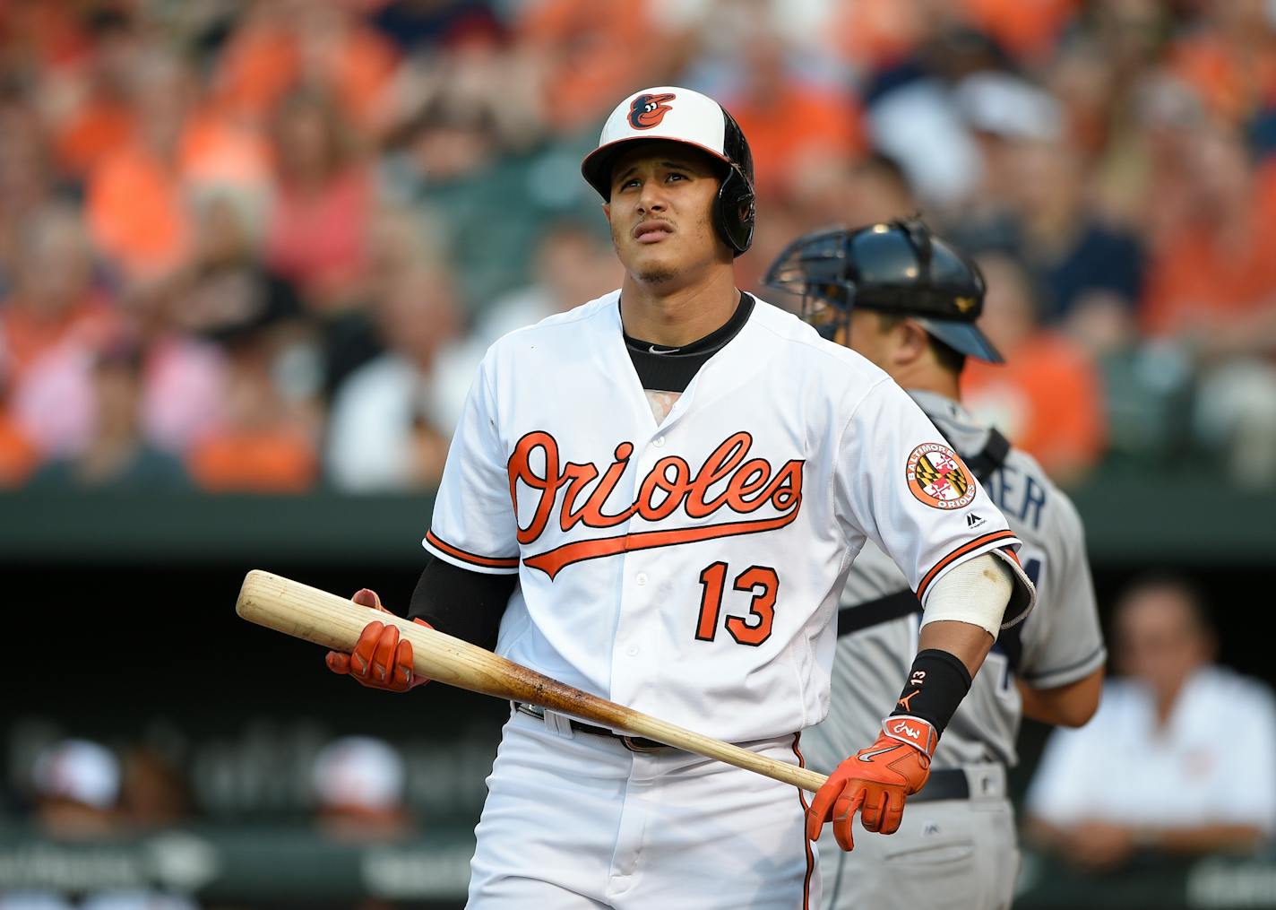 Baltimore Orioles' Manny Machado looks on during his at bat during the second baseball game in a split doubleheader against the Tampa Bay Rays, Saturday, June 25, 2016, in Baltimore. (AP Photo/Nick Wass)