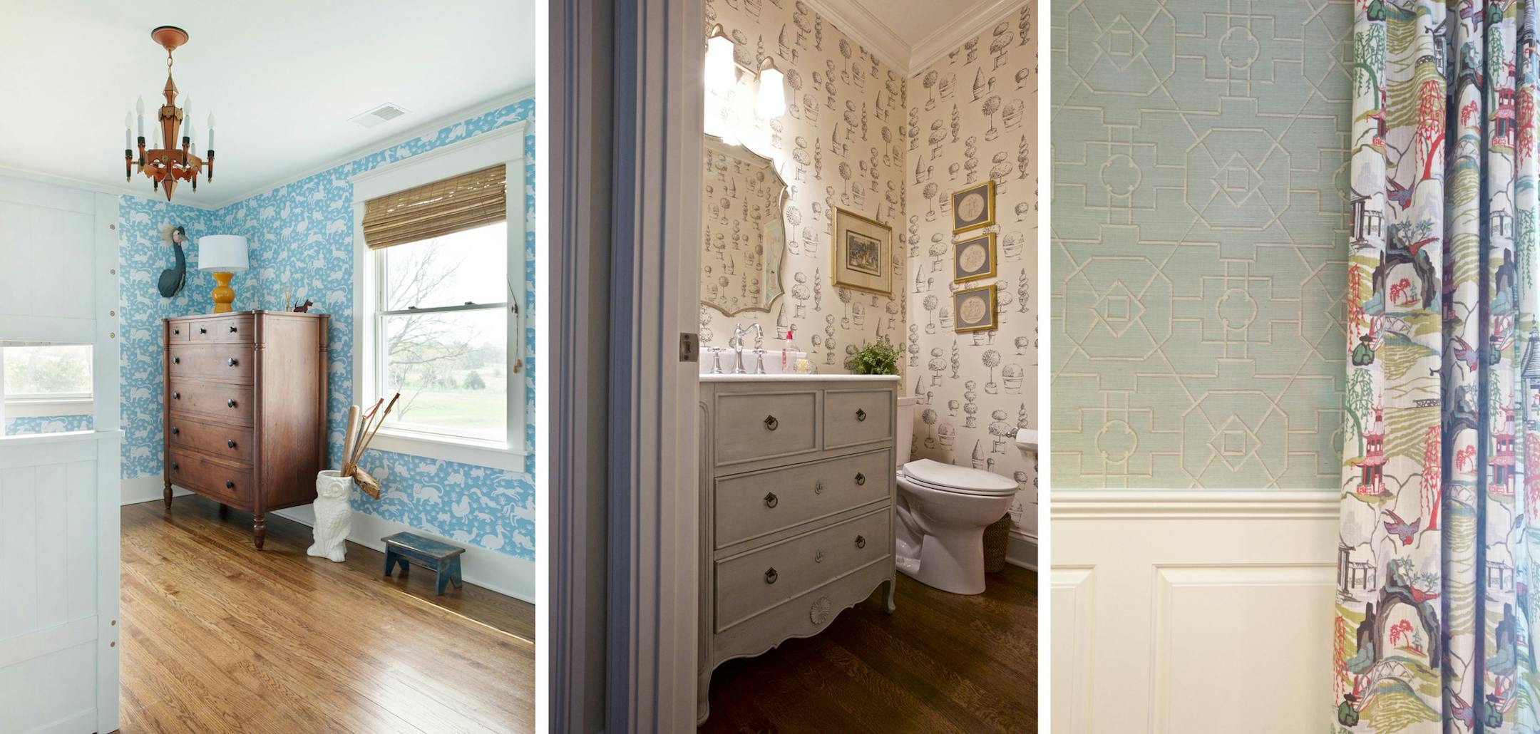 From left: A kid's room is the perfect place for a bit of color and a lot of whimsy. Neutral patterns can add depth to a room without overwhelming the space. Wallpaper with a solid-color textured pattern is a great alternative to a painted wall.