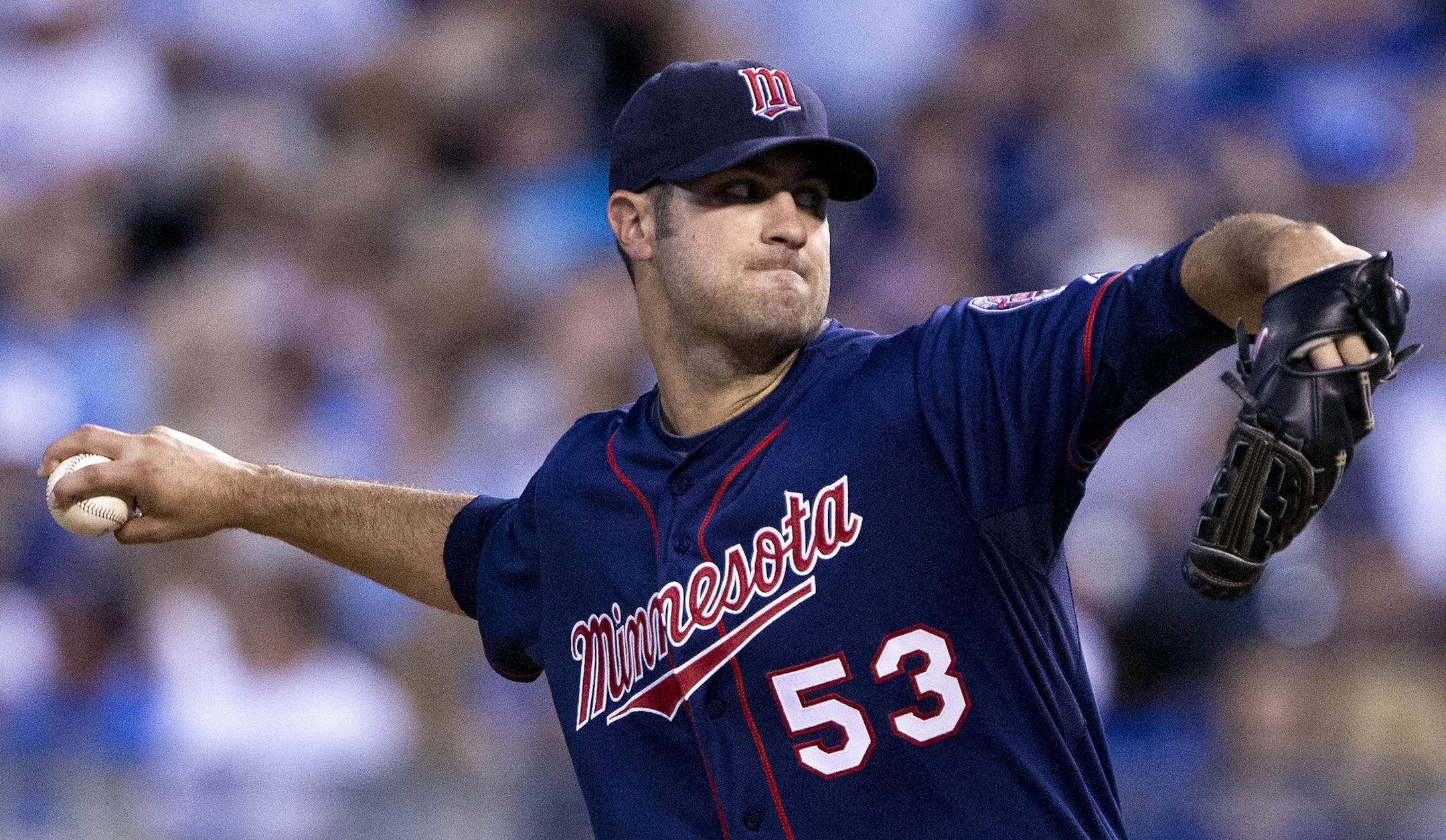 Nick Blackburn of the Minnesota Twins pitches against the Kansas City Royals in the sixth inning on Friday, July 20, 2012, in Kansas City, Missouri. (John Sleezer/Kansas City Star/MCT) ORG XMIT: MIN2013102415320256