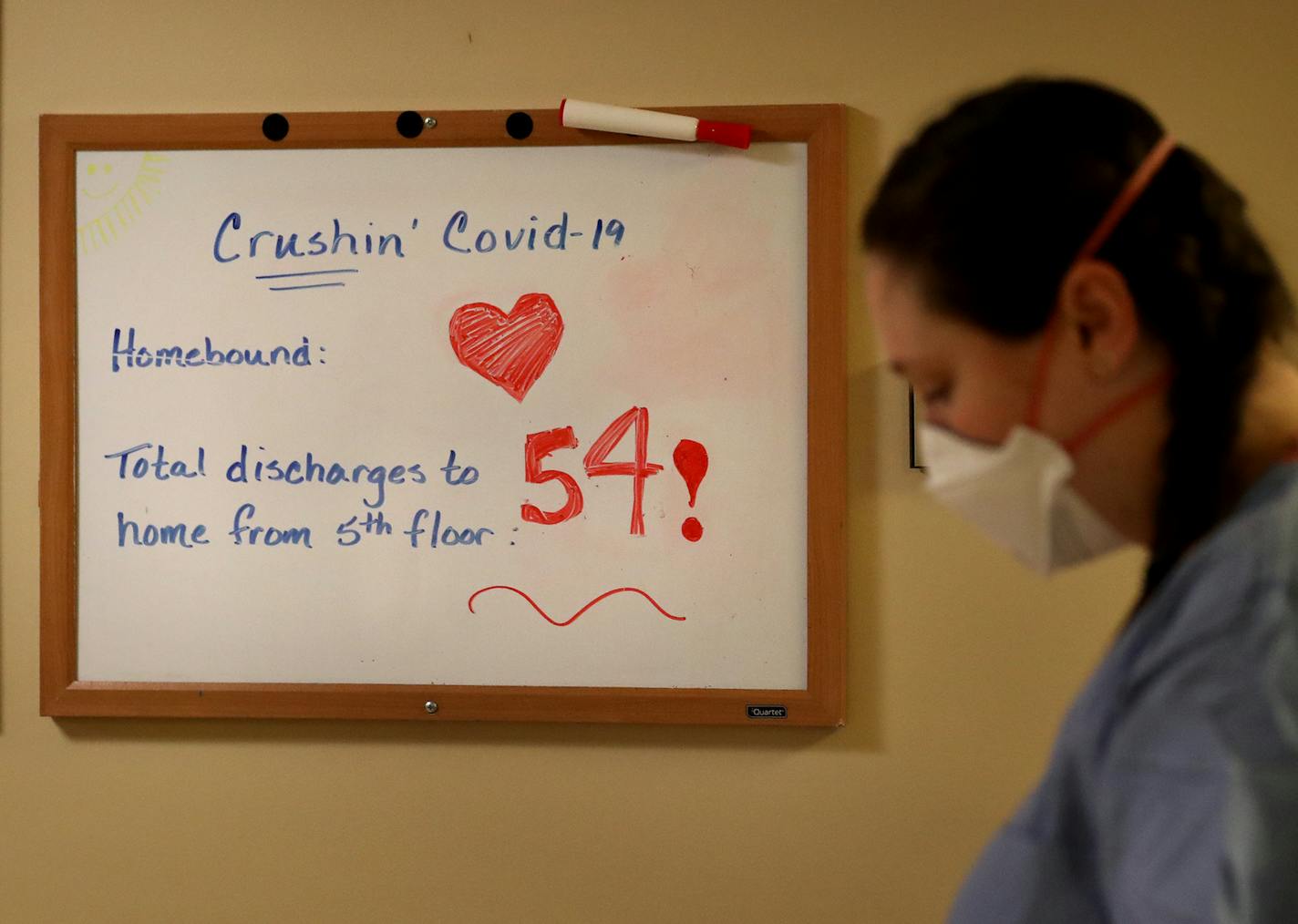 Bethesda Hospital mark discharges on a whiteboard. A bell is rung when a patient is released. "You have to celebrate the wins," Dr. Andrew Olson said.