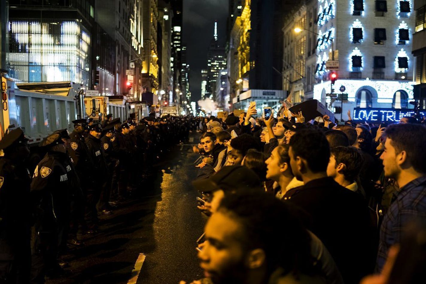 Demonstrators face off with police outside Trump Tower during a protest of Donald Trump�s election to the presidency, in Manhattan, Nov. 9, 2016.