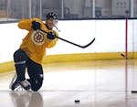 New Wild center Jakub Lauko practices taking shots from one knee as the Bruins prepared for Game 1 of the 2024 playoffs.
