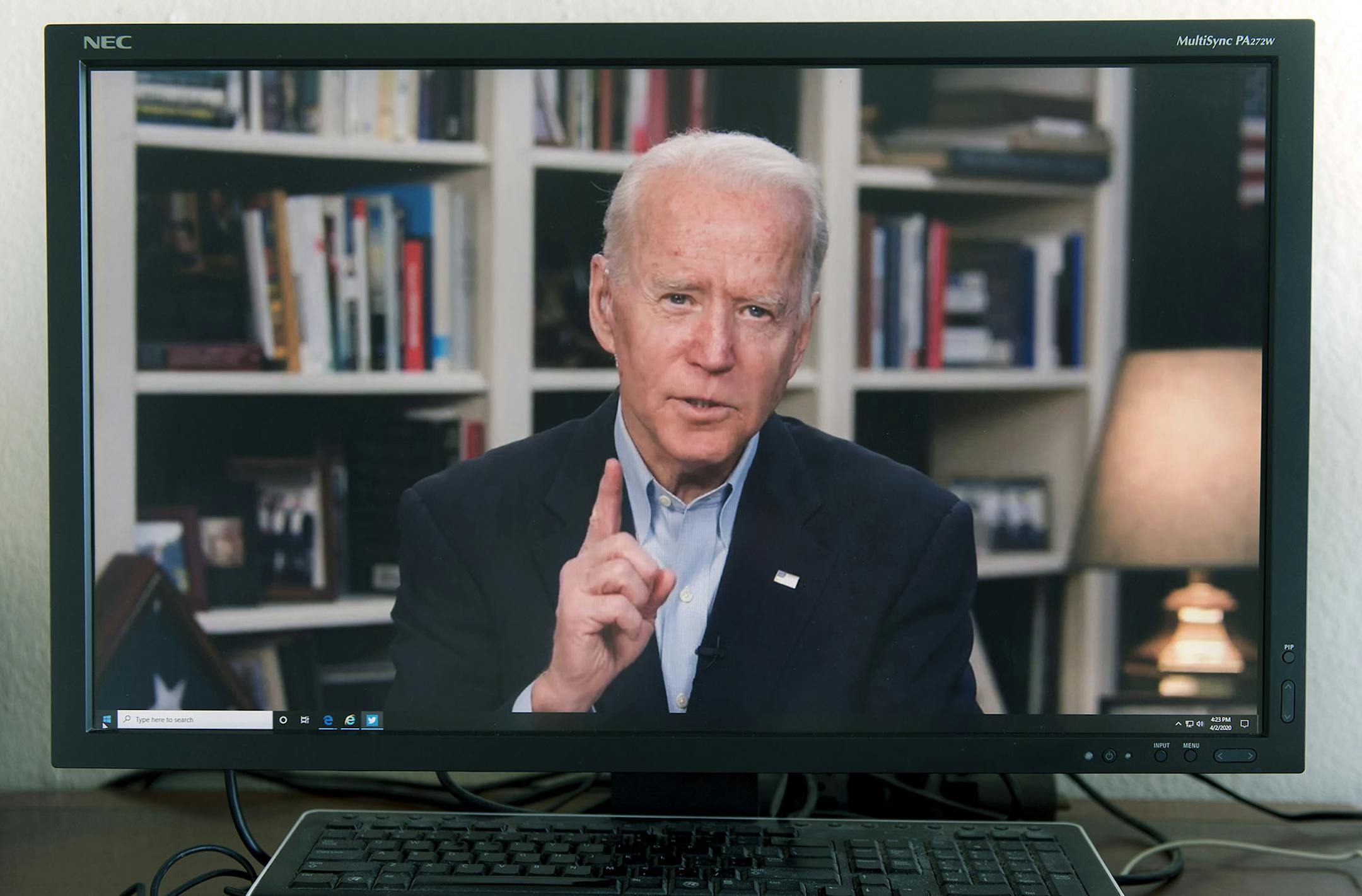 A screen grab of former Vice President and current Democratic presidential candidate Joe Biden speaking about the economy from his home in Delaware on April 2, 2020. (Brian Cahn/Zuma Press/TNS)