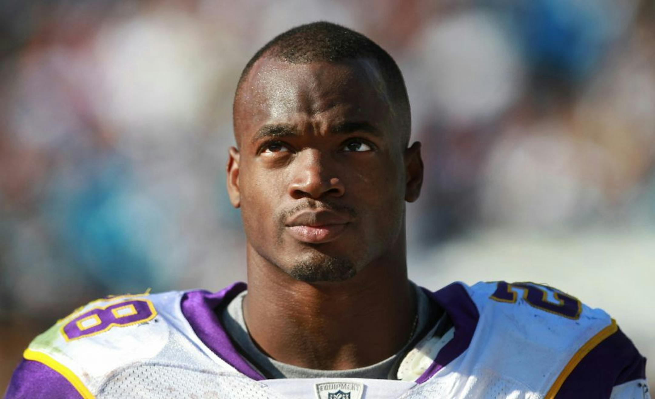Vikings running back Adrian Peterson looked up toward the scoreboard after the Minnesota Vikings took a 24-21 lead against the Carolina Panthers in the fourth quarter at Bank of America Stadium on October 30, 2011. (MCKENNA EWEN/STAR TRIBUNE) mckenna.ewen@startribune.com