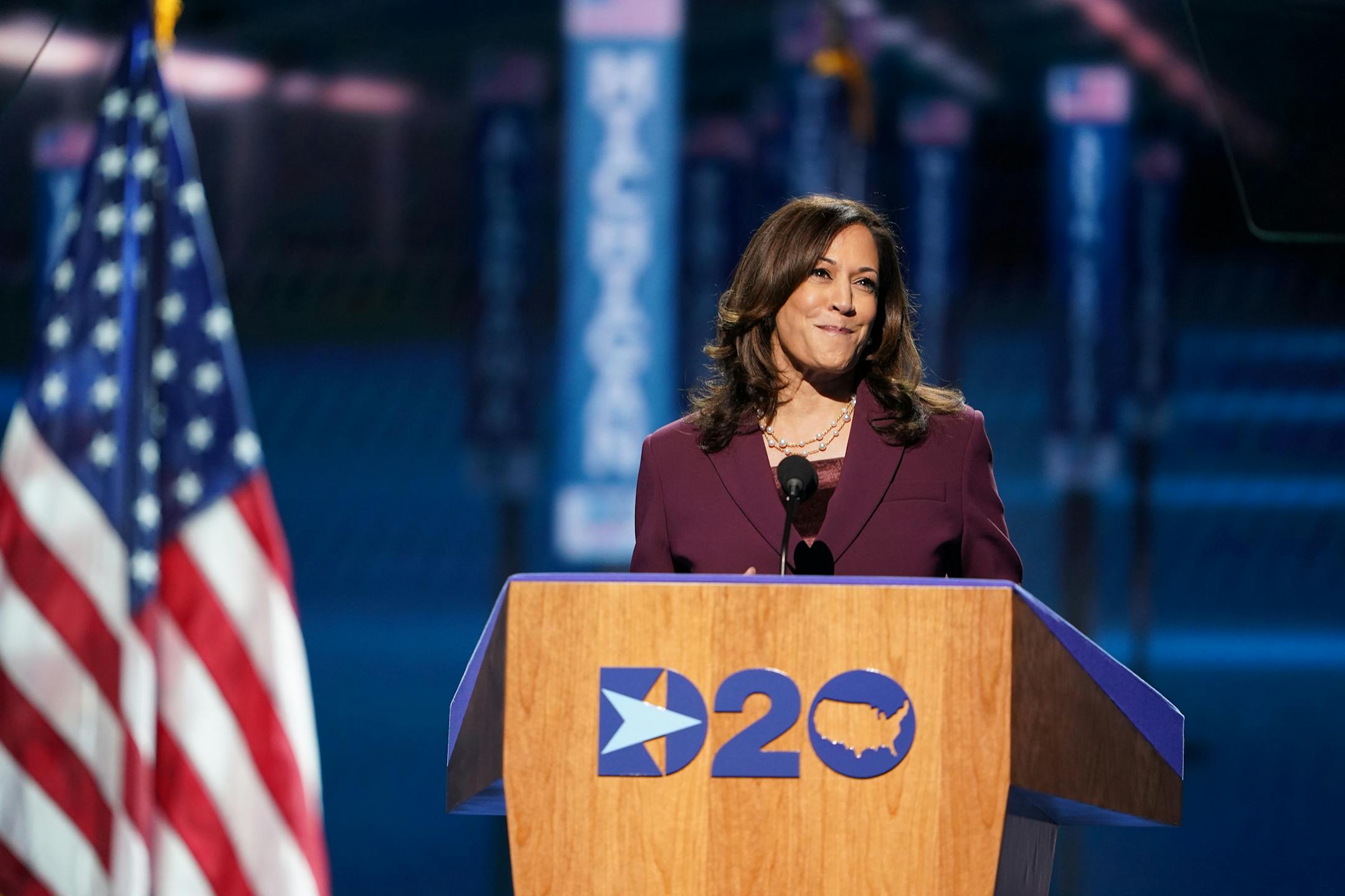 Sen. Kamala Harris (D-Calif.) accepts her party's vice-presidential nomination during the Democratic National Convention in Wilmington, Del., on Wednesday, Aug. 19, 2020. (Erin Schaff/The New York Times)