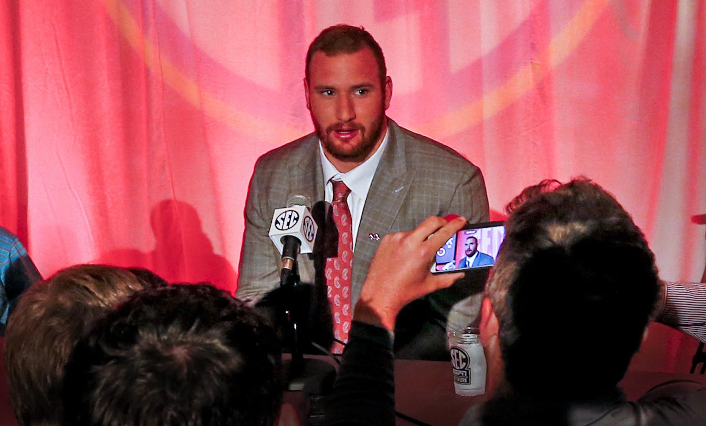 Arkansas NCAA college football player Frank Ragnow speaks during the Southeastern Conference's annual media gathering, Monday, July 10, 2017, in Hoover, Ala. (AP Photo/Butch Dill) ORG XMIT: ALBD113