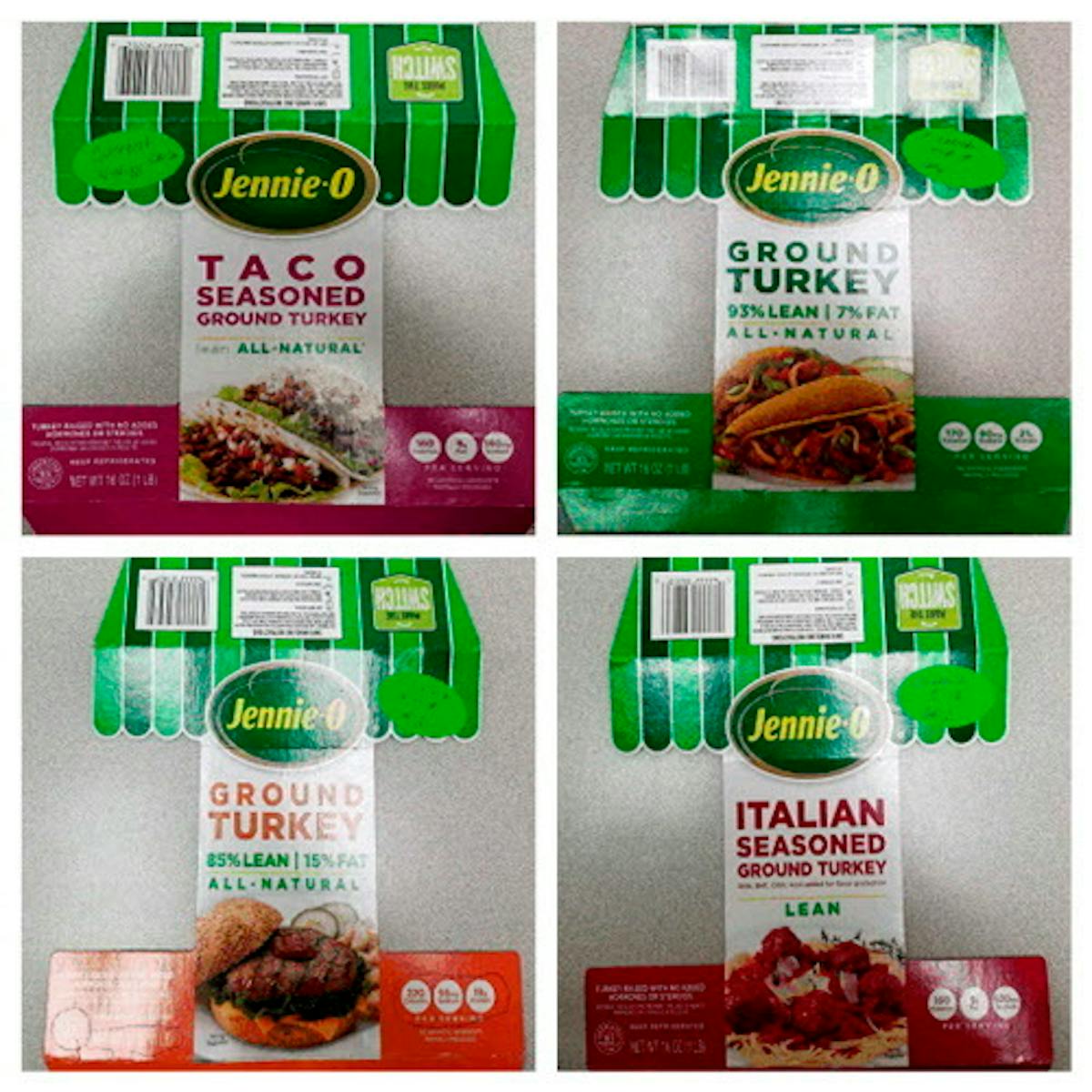 This combination of images provided by Hormel on Friday, Nov. 16, 2018 shows packaging for four types of Jennie-O ground raw turkey with a P190 design