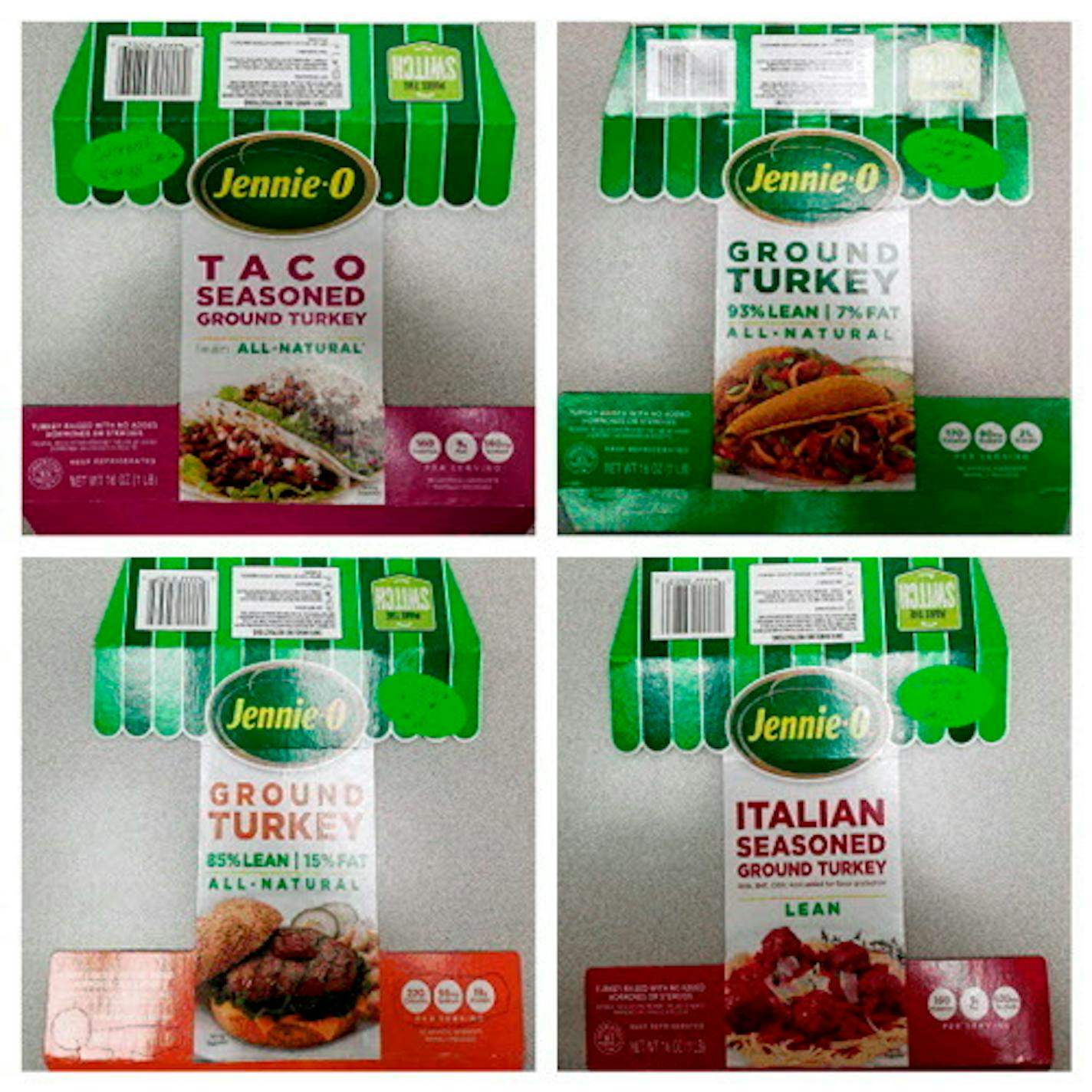 This combination of images provided by Hormel on Friday, Nov. 16, 2018 shows packaging for four types of Jennie-O ground raw turkey with a P190 designation which have been recalled due to concerns over salmonella. Salmonella in food is estimated to be responsible for 1 million illnesses a year, with symptoms including vomiting, diarrhea and stomach cramps.