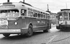 Bus & Streetcar in 1953 -- Twin City Rapid Transit Company -- Buses and streetcars shared the streets for many years in Minneapolis-St. Paul. Streetca