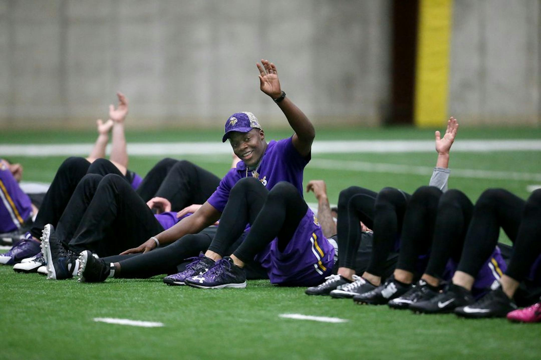 Minnesota Vikings quarterback Teddy Bridgewater led a drill during a player offseason workout at Winter Park, Tuesday, April 26, 2016 in Eden Prairie, MN.